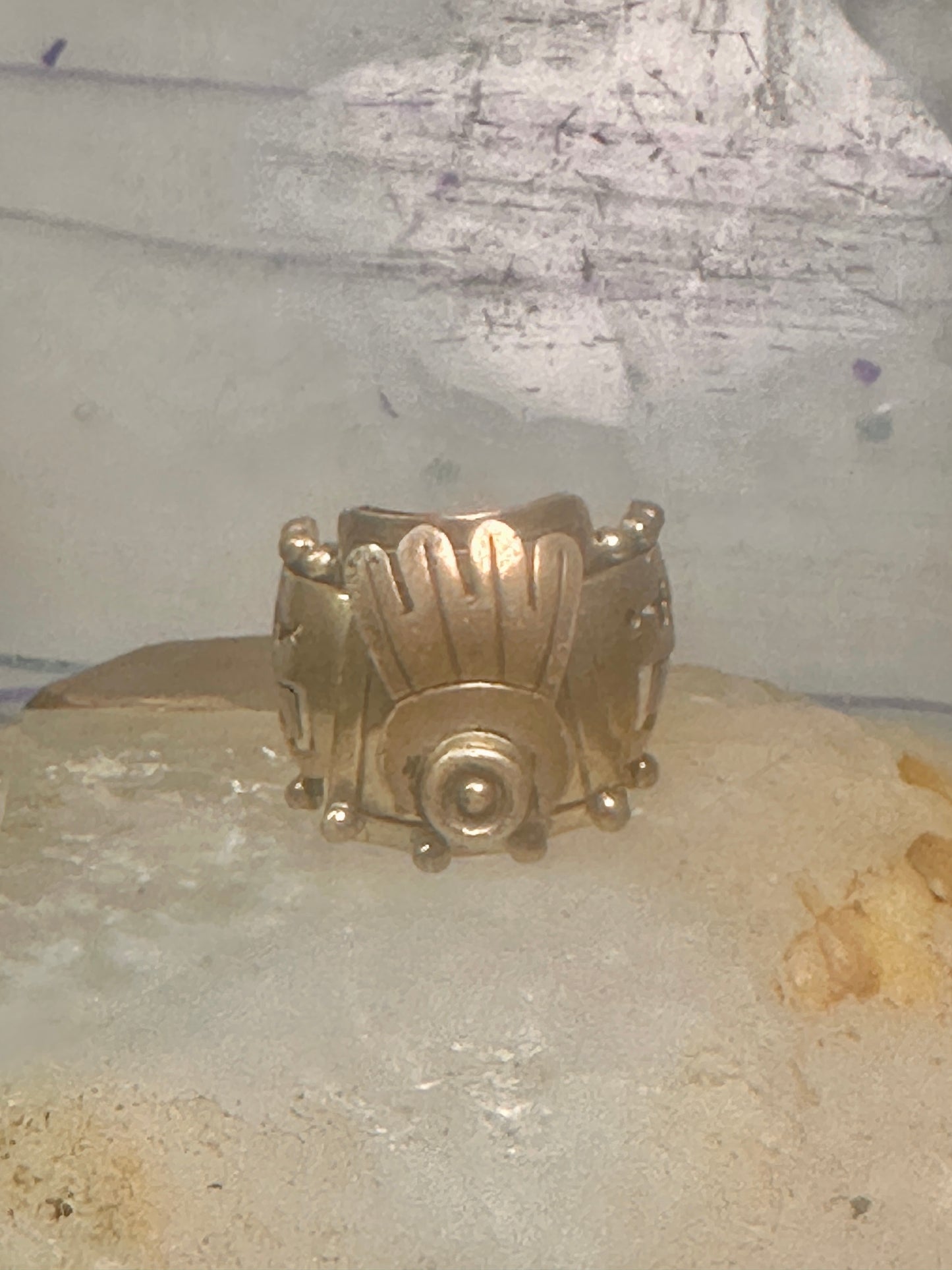 Poison ring Mexico Aztec design band CZ size 8 adj sterling silver women