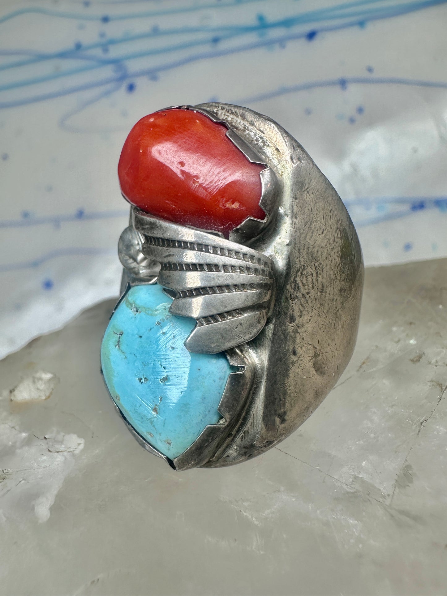 Navajo ring size 12.50 turquoise coral band sterling silver women men