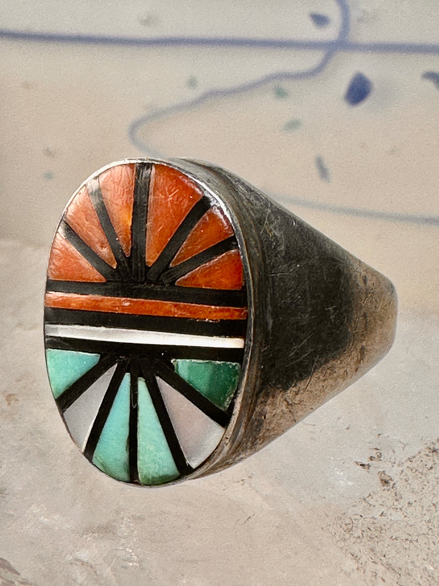 Turquoise Ring Zuni coral inlay mother of pearl boho size 10.7 sterling silver women men