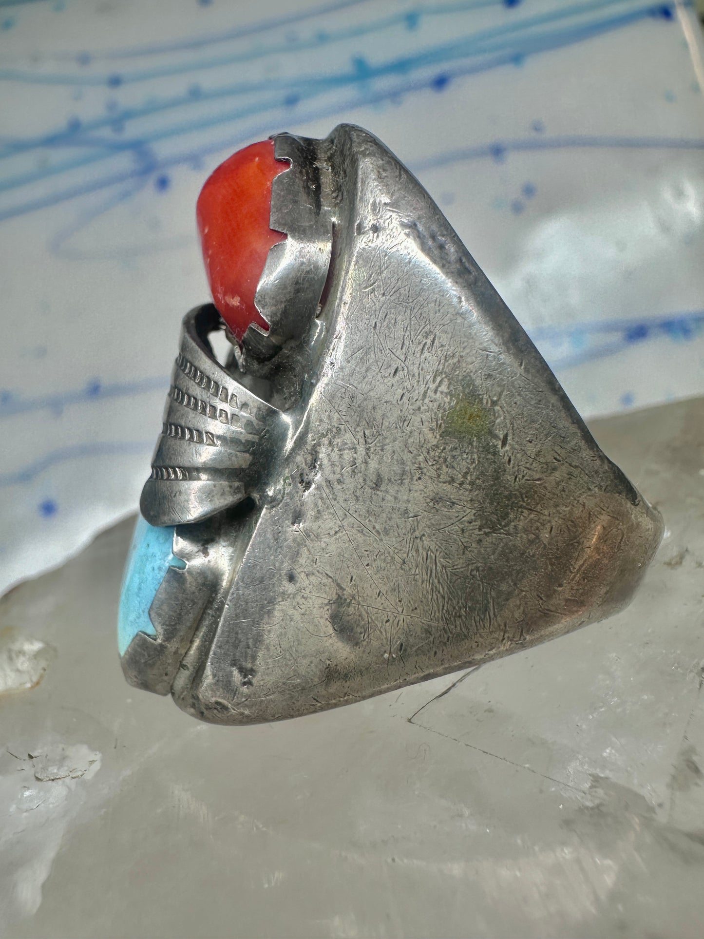 Navajo ring size 12.50 turquoise coral band sterling silver women men