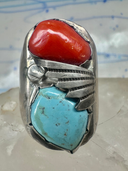 Navajo ring size 12.50 turquoise coral band sterling silver women men
