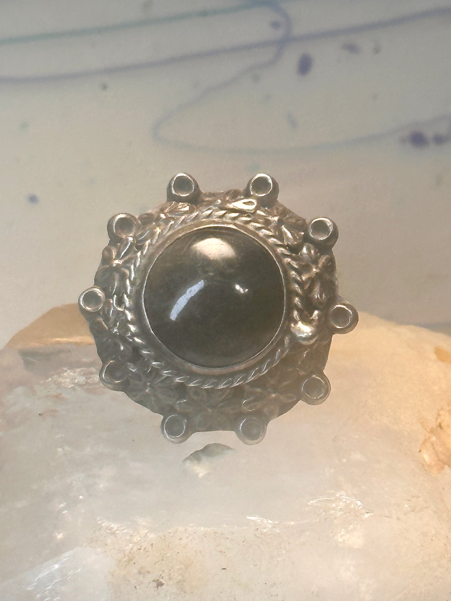 Vintage poison ring Mexico onyx boho adj band size 8 Sterling silver women