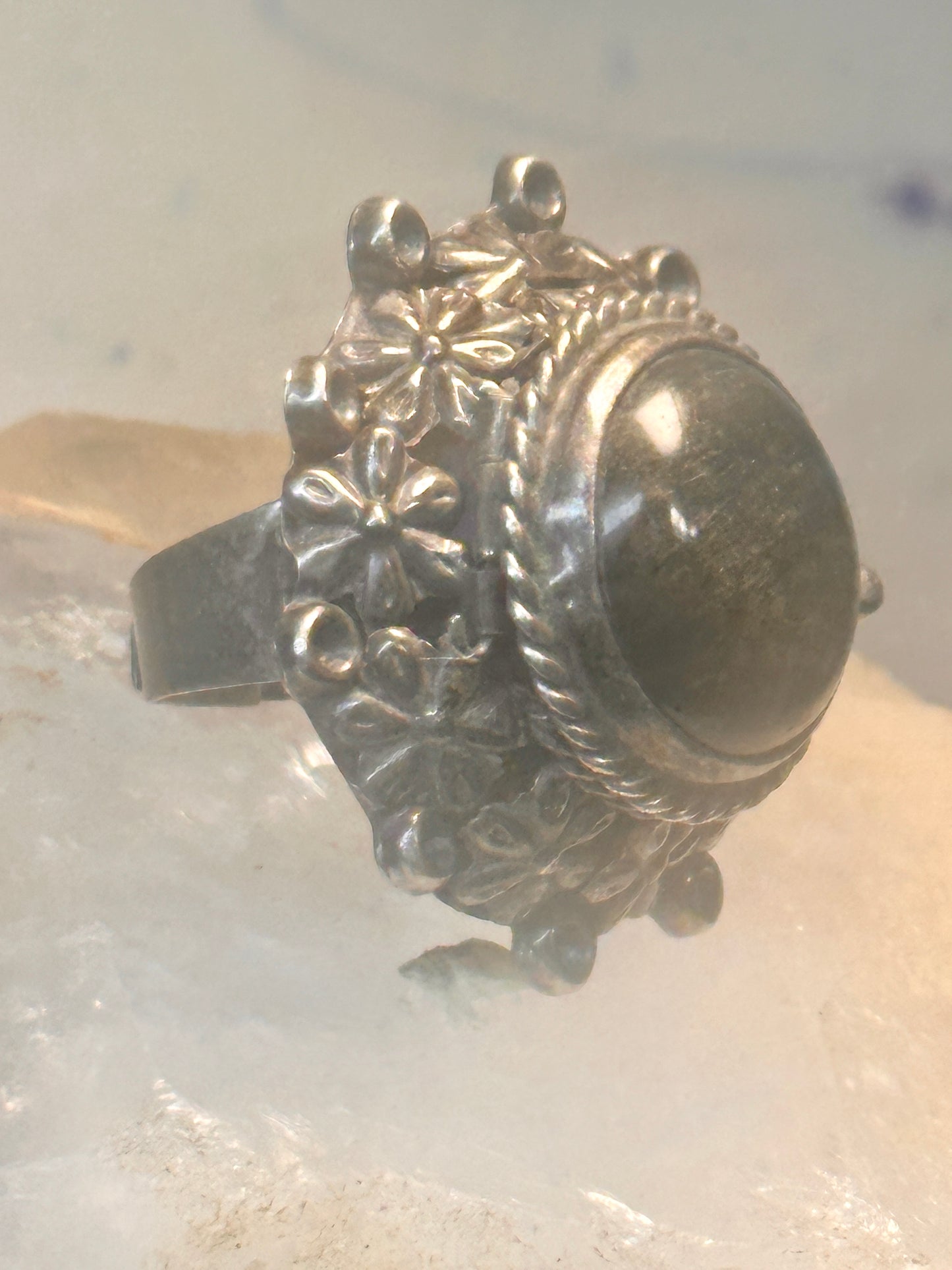 Vintage poison ring Mexico onyx boho adj band size 8 Sterling silver women