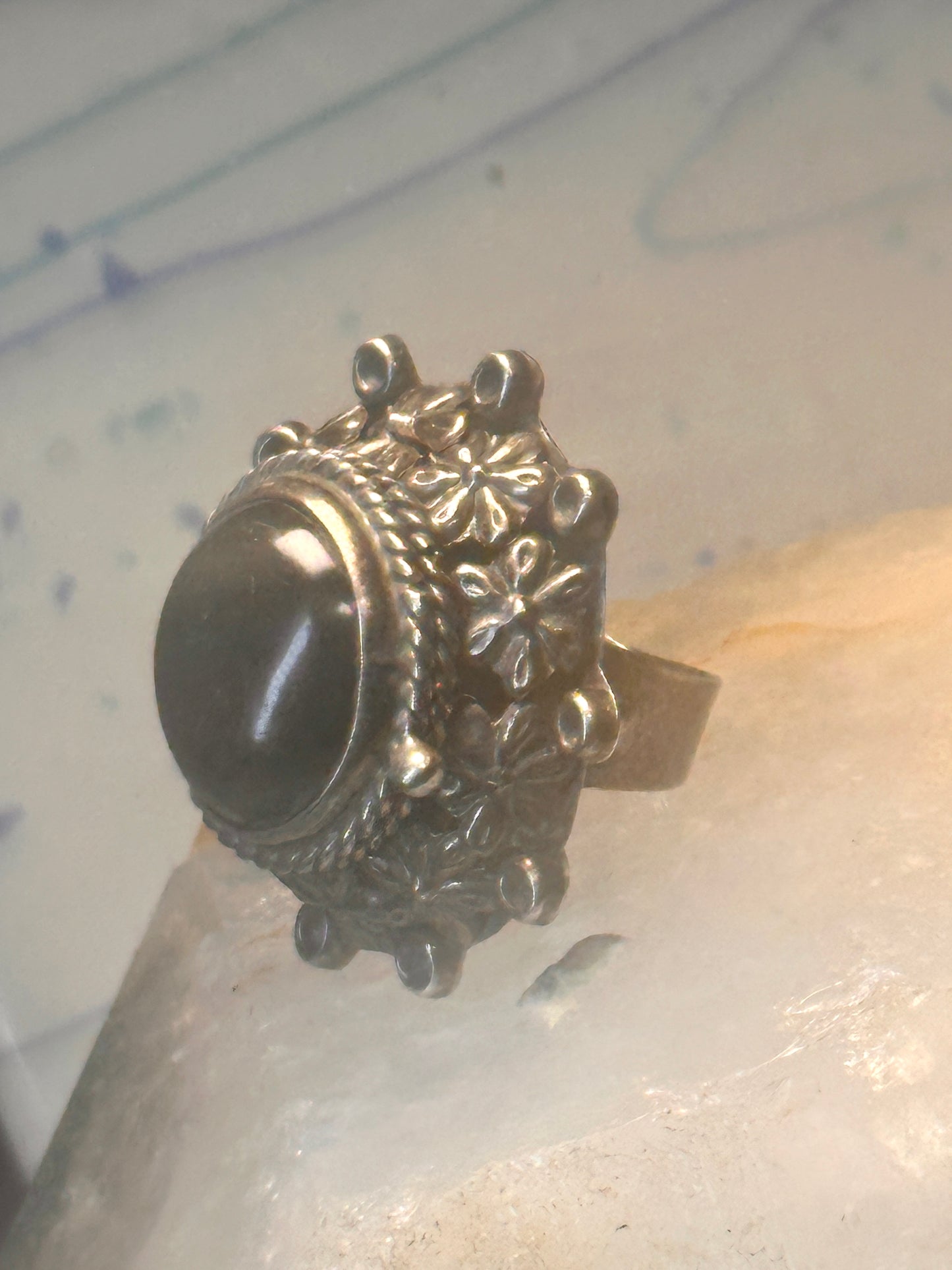 Vintage poison ring Mexico onyx boho adj band size 8 Sterling silver women