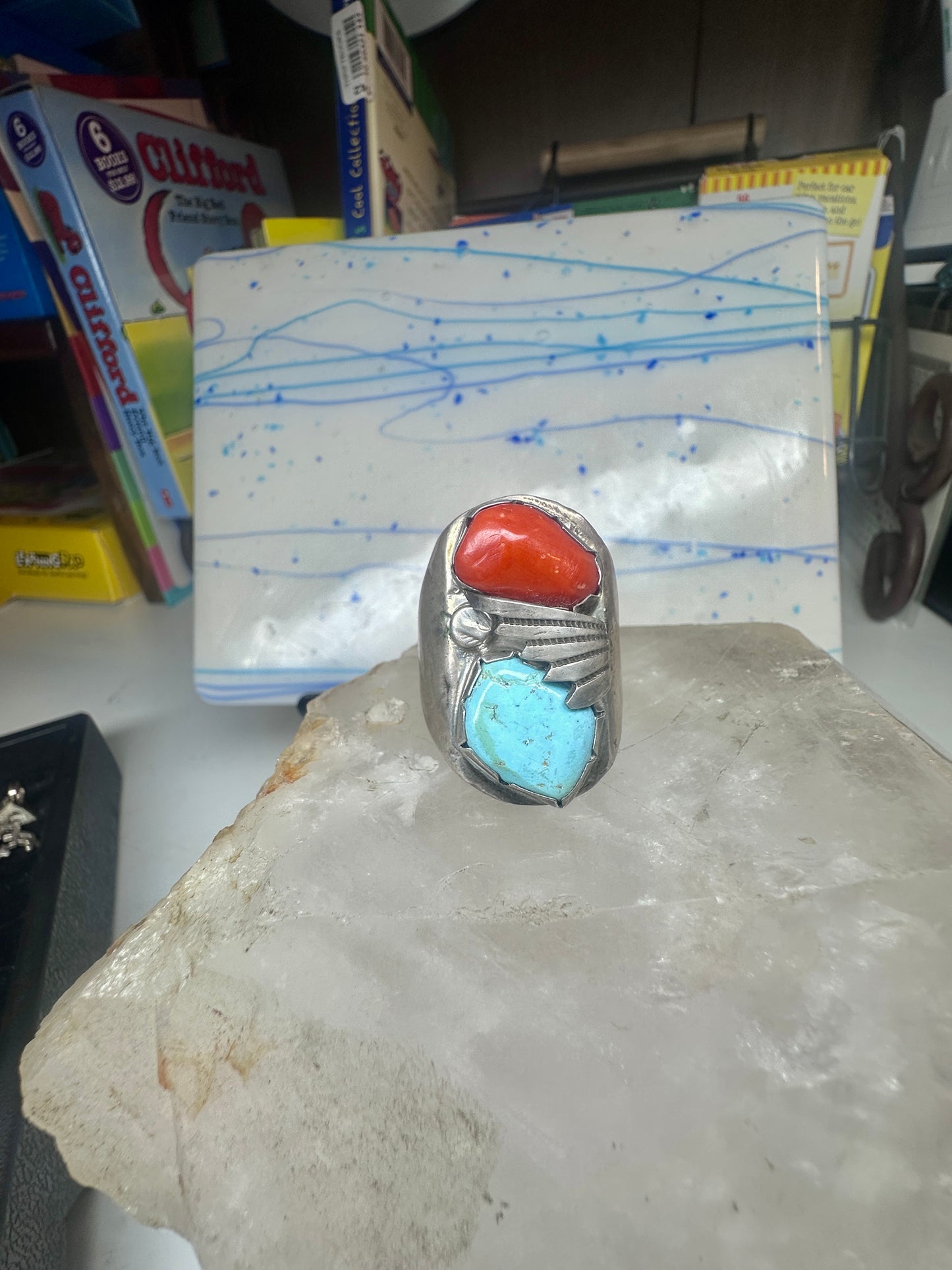 Navajo ring size 12.50 turquoise coral band sterling silver women men