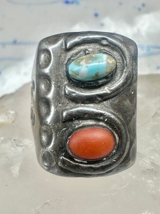 Navajo ring size 10.75 turquoise coral band cowboy sterling silver women men