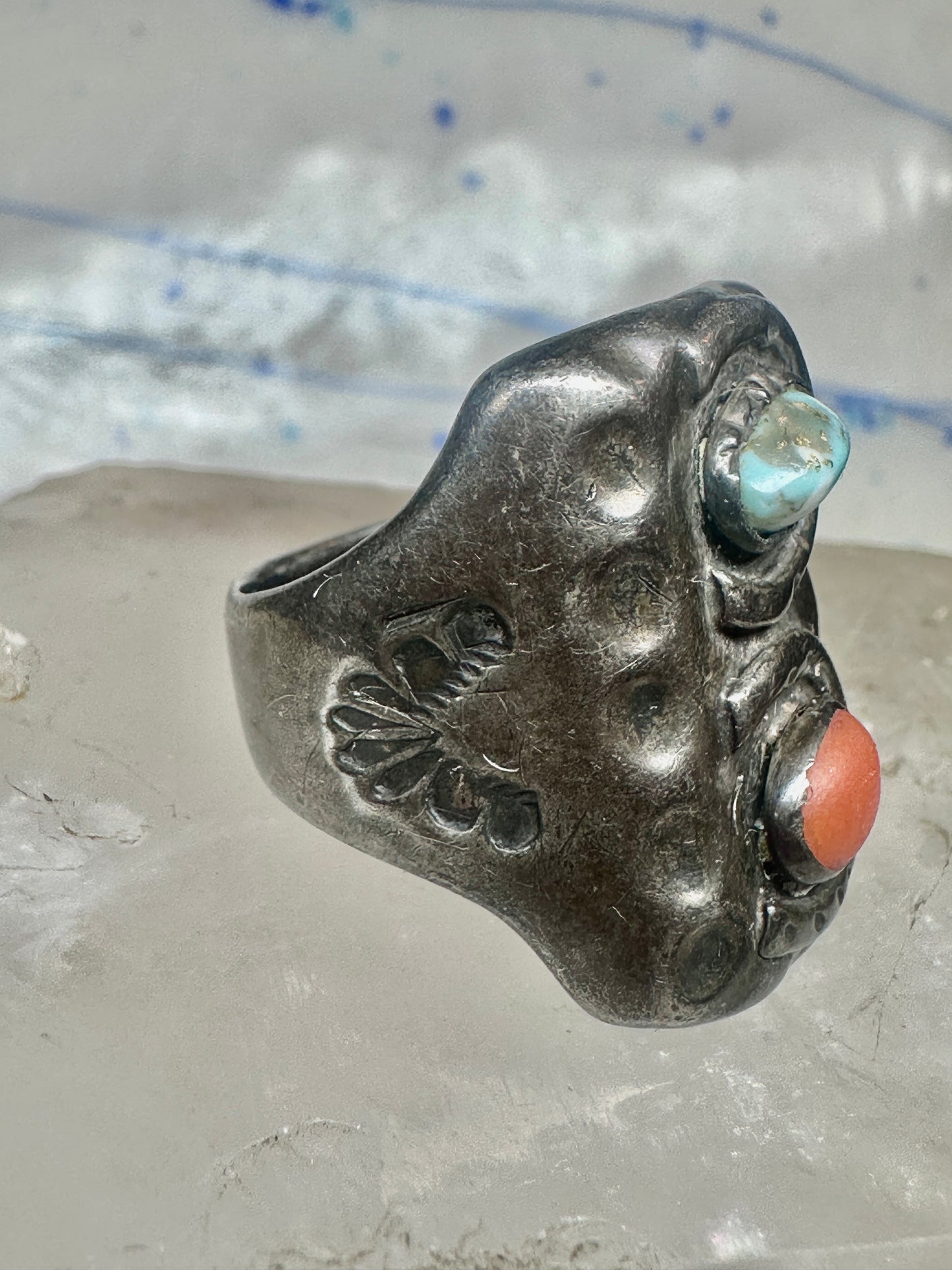 Navajo ring size 10.75 turquoise coral band cowboy sterling silver women men