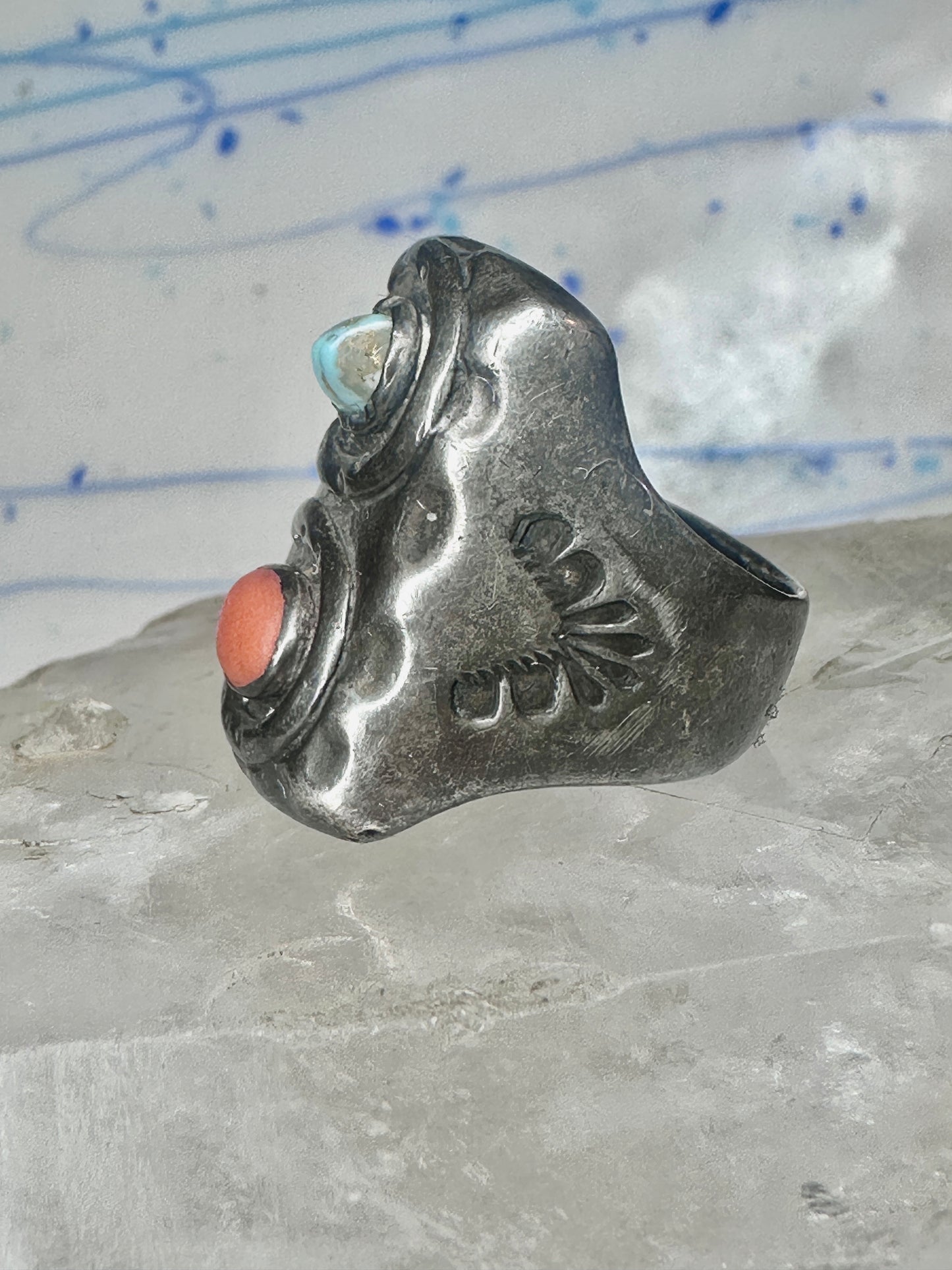 Navajo ring size 10.75 turquoise coral band cowboy sterling silver women men