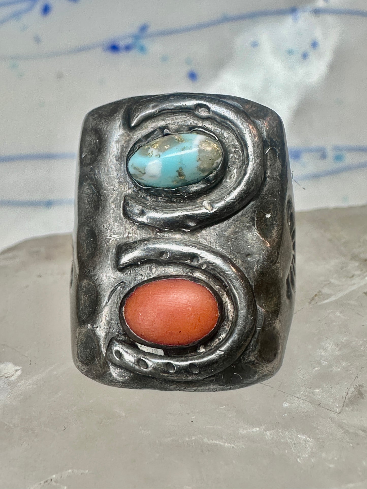 Navajo ring size 10.75 turquoise coral band cowboy sterling silver women men