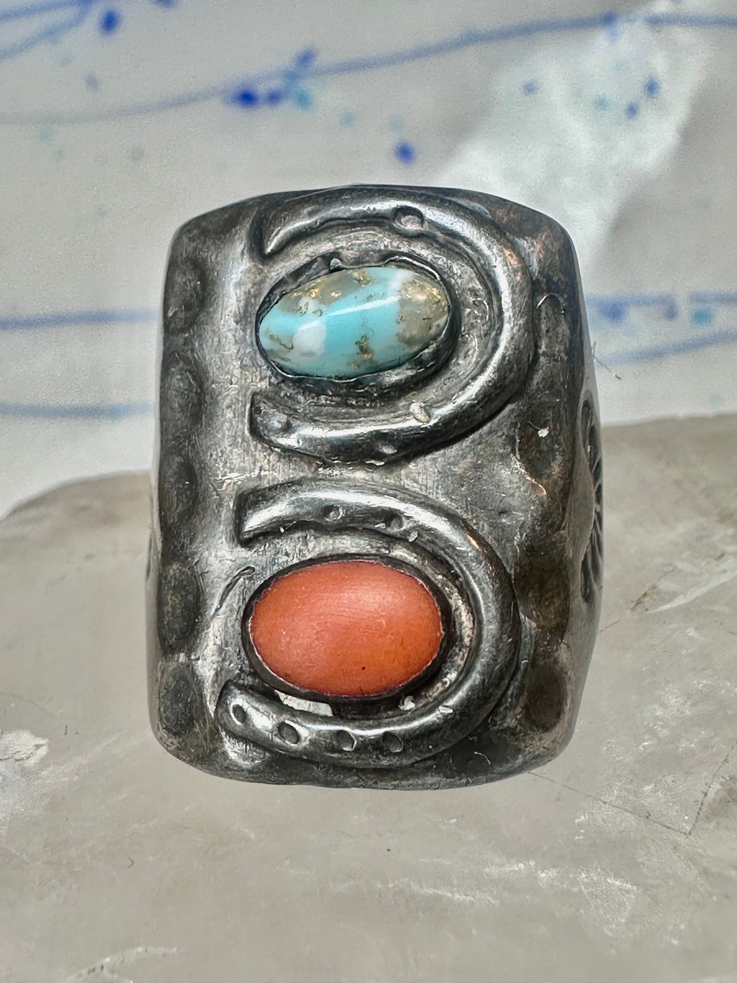 Navajo ring size 10.75 turquoise coral band cowboy sterling silver women men