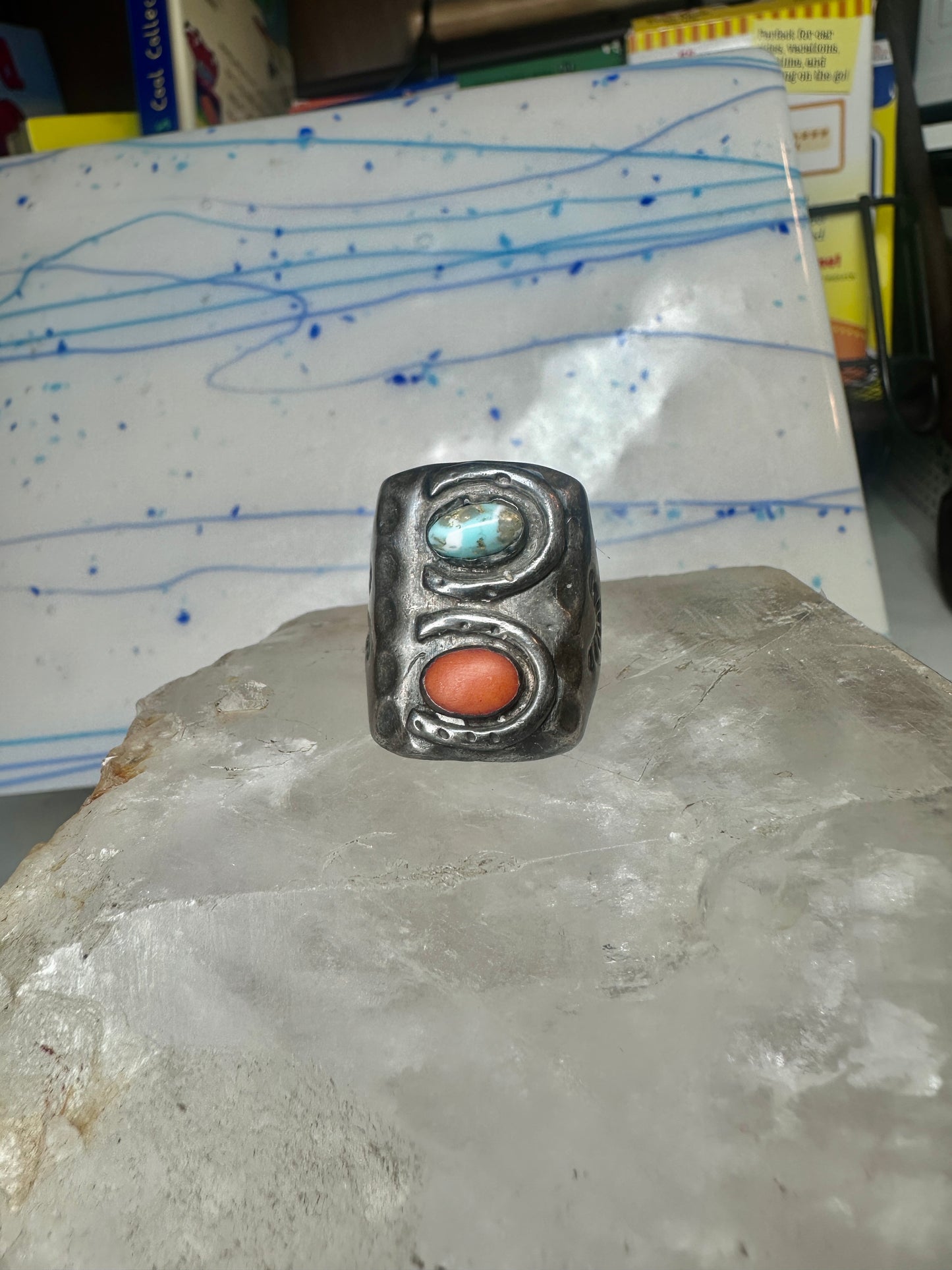 Navajo ring size 10.75 turquoise coral band cowboy sterling silver women men