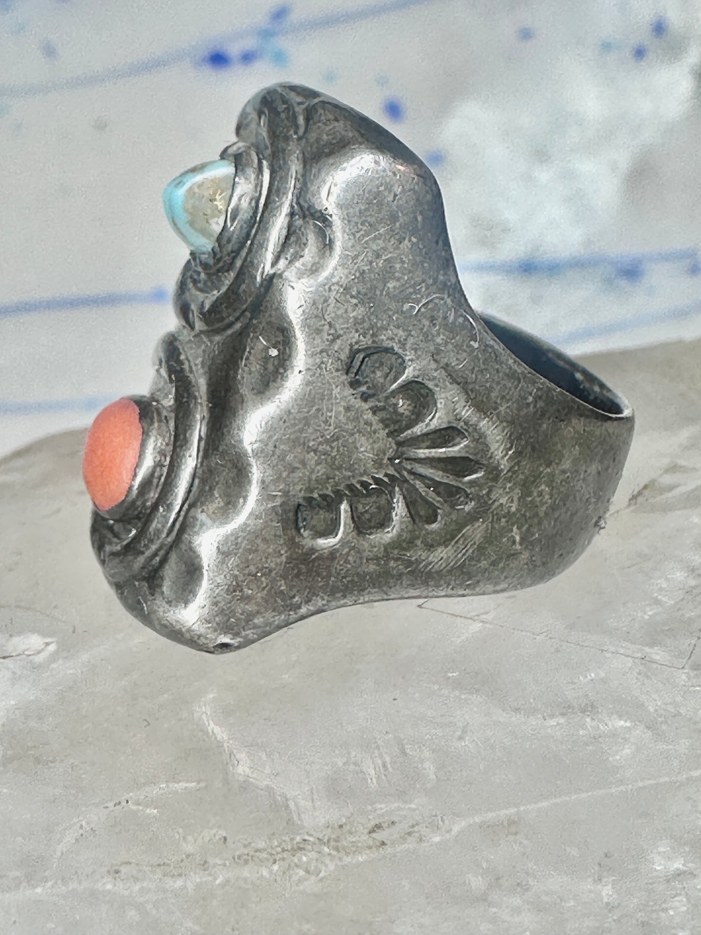 Navajo ring size 10.75 turquoise coral band cowboy sterling silver women men