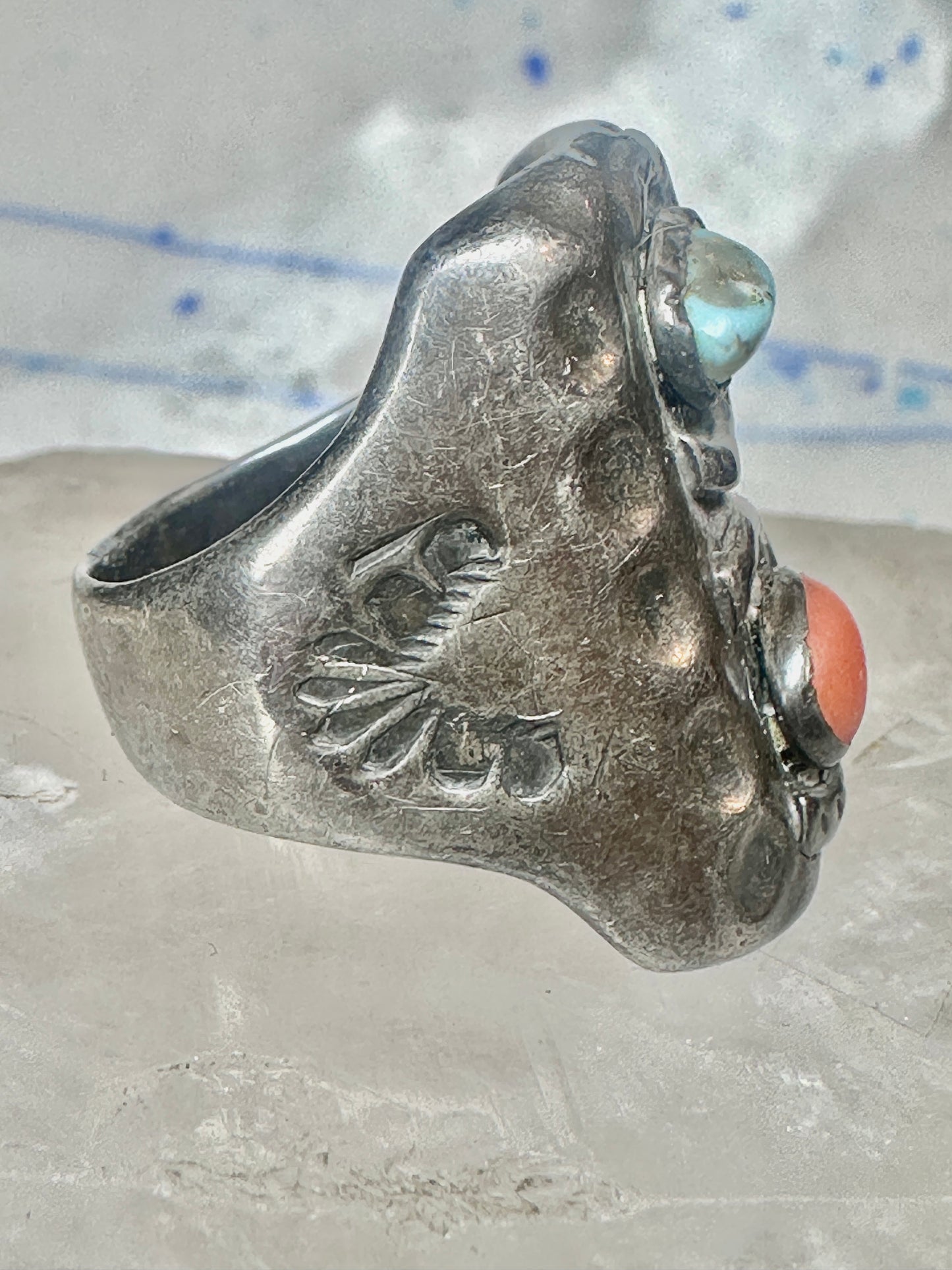 Navajo ring size 10.75 turquoise coral band cowboy sterling silver women men