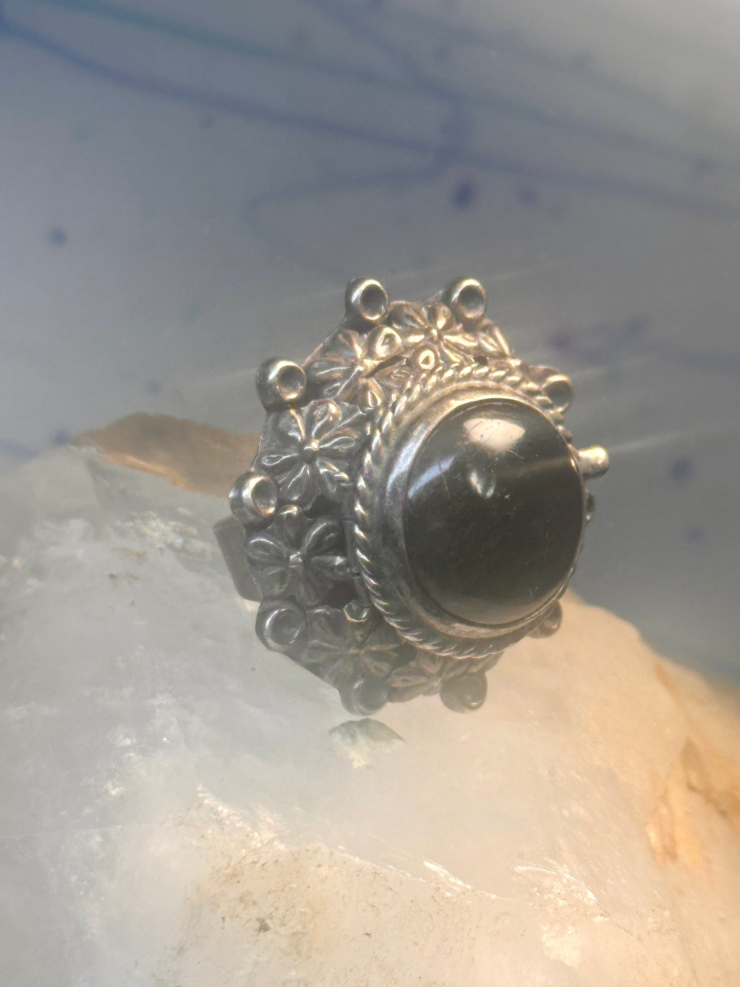 Vintage poison ring Mexico onyx boho adj band size 8 Sterling silver women