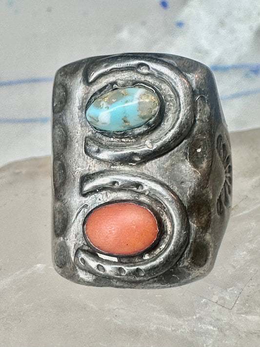 Navajo ring size 10.75 turquoise coral band cowboy sterling silver women men