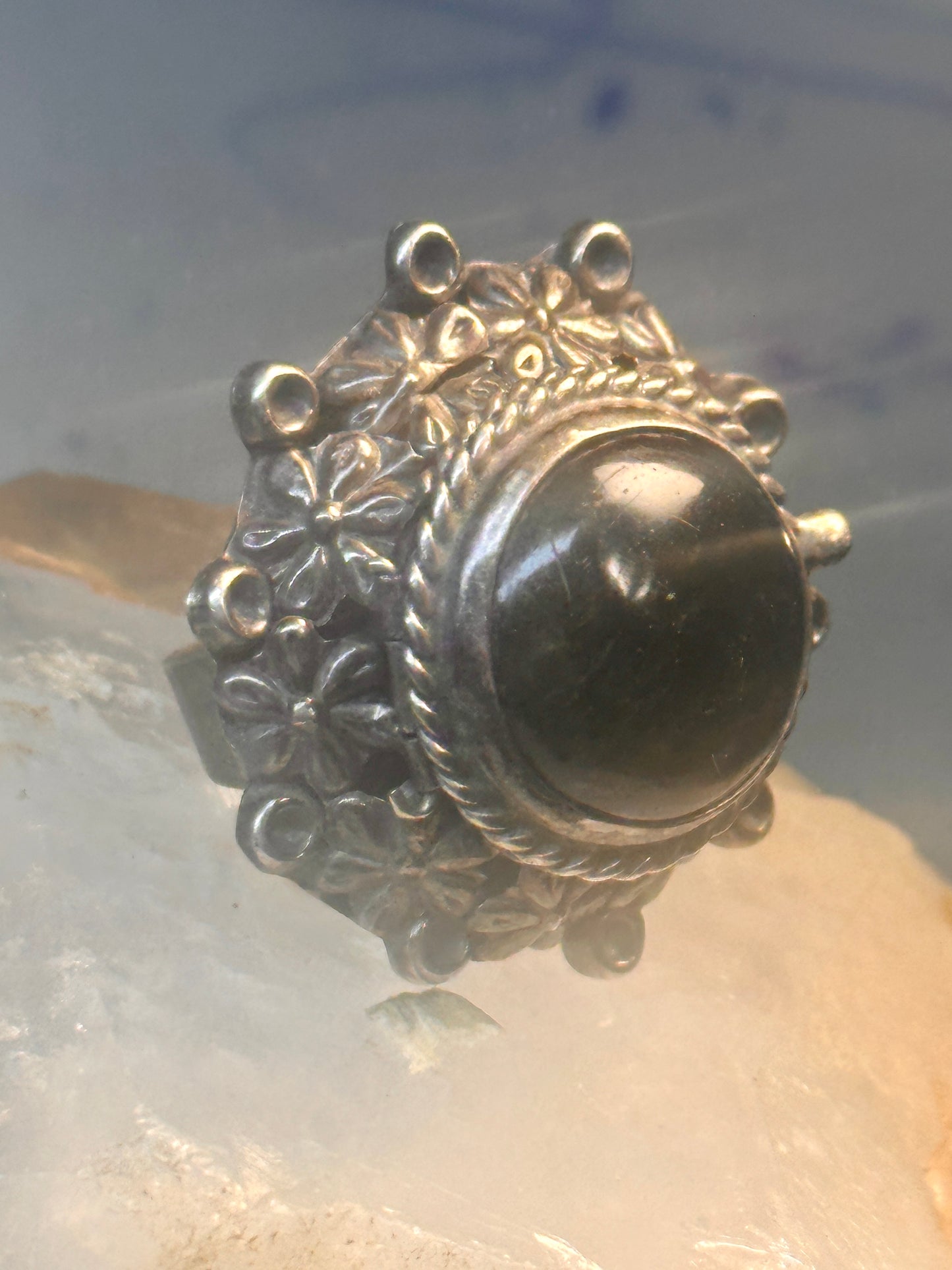 Vintage poison ring Mexico onyx boho adj band size 8 Sterling silver women