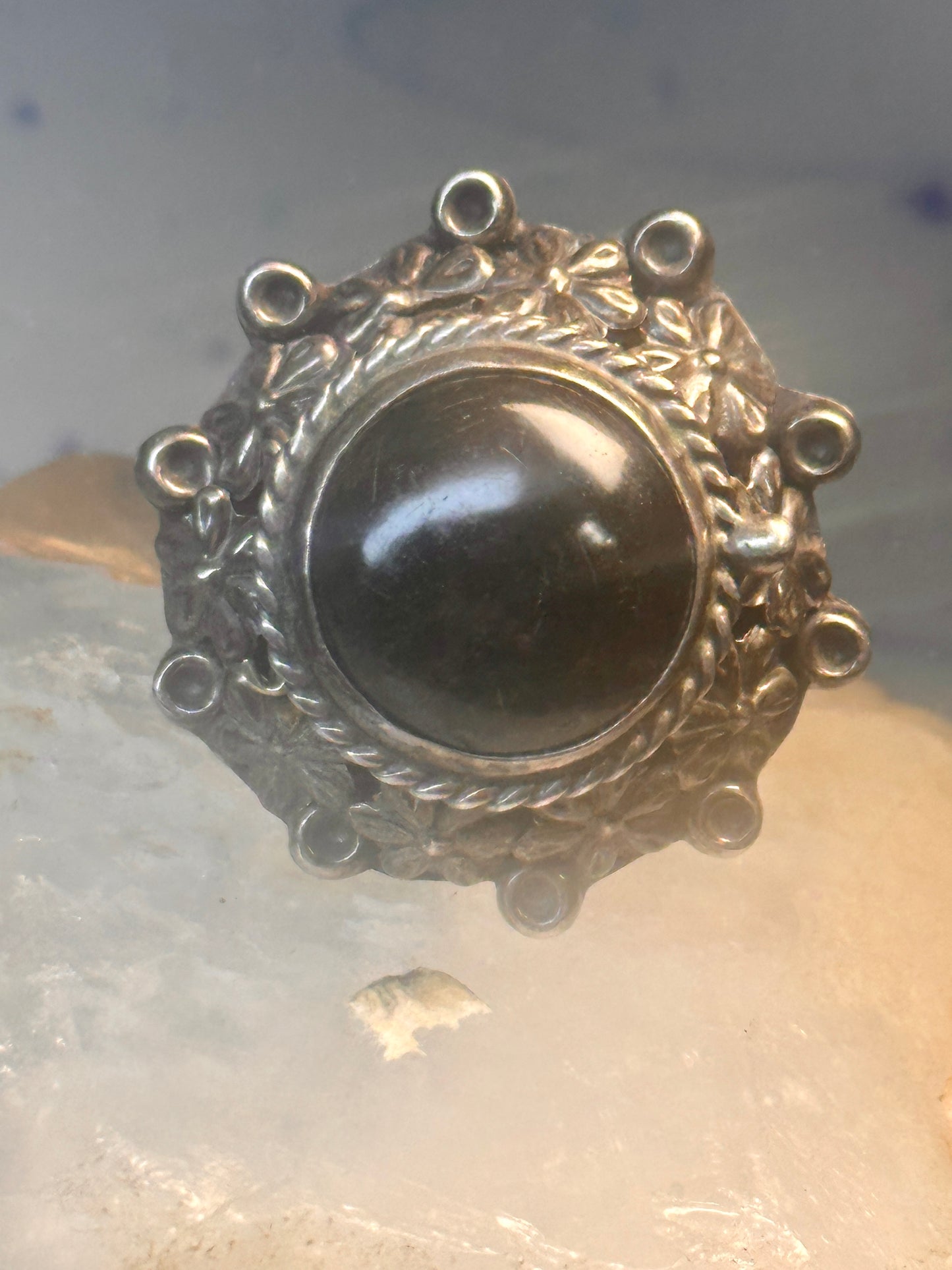 Vintage poison ring Mexico onyx boho adj band size 8 Sterling silver women