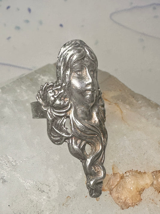 Lady face ring size 5 Art deco long hair sterling silver women