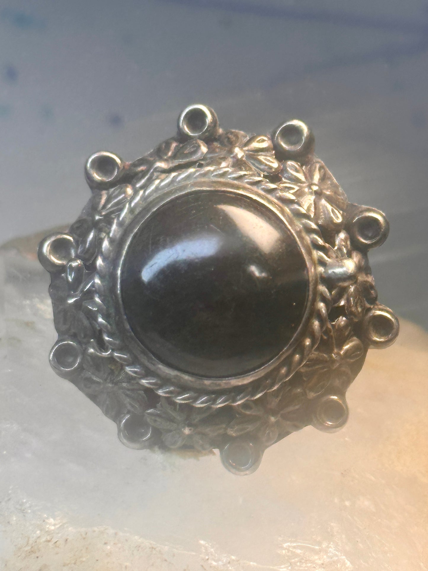 Vintage poison ring Mexico onyx boho adj band size 8 Sterling silver women