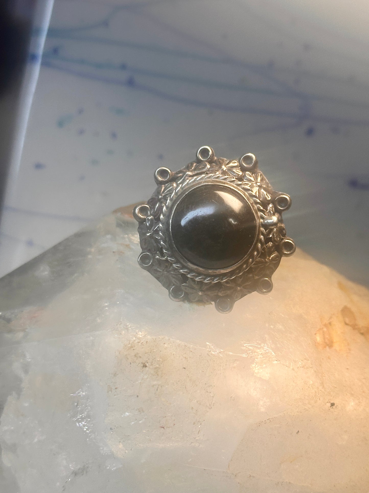 Vintage poison ring Mexico onyx boho adj band size 8 Sterling silver women