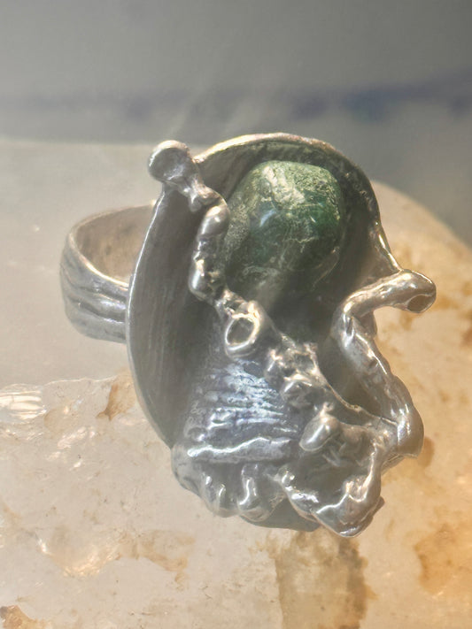 Vintage long brutalist ring green stone heavy band size 6.2 Sterling silver women