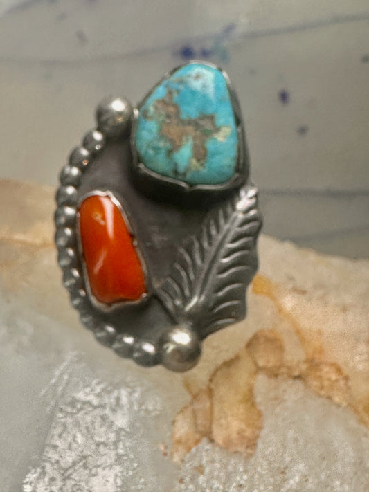 Navajo ring size 5.25 signed L Platero turquoise coral sterling silver women