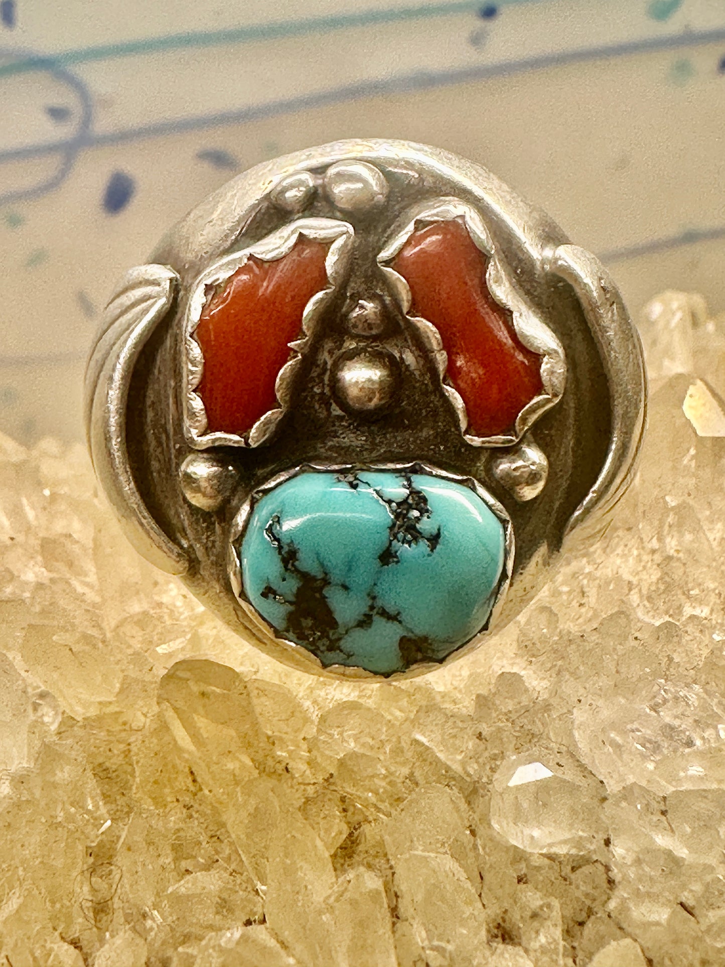 Navajo ring turquoise coral size 11 sterling silver women men