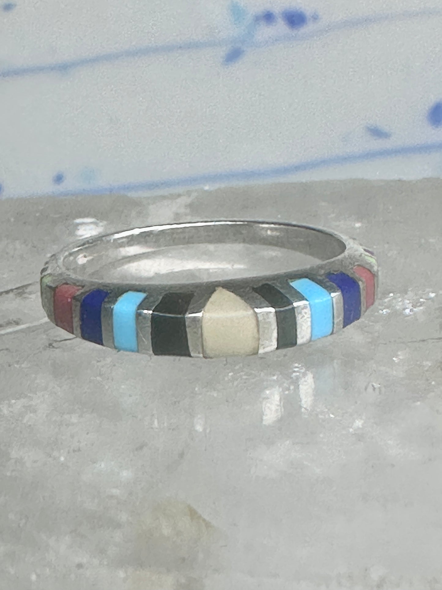 Zuni ring size 7 turquoise onyx lapis coral band sterling silver women