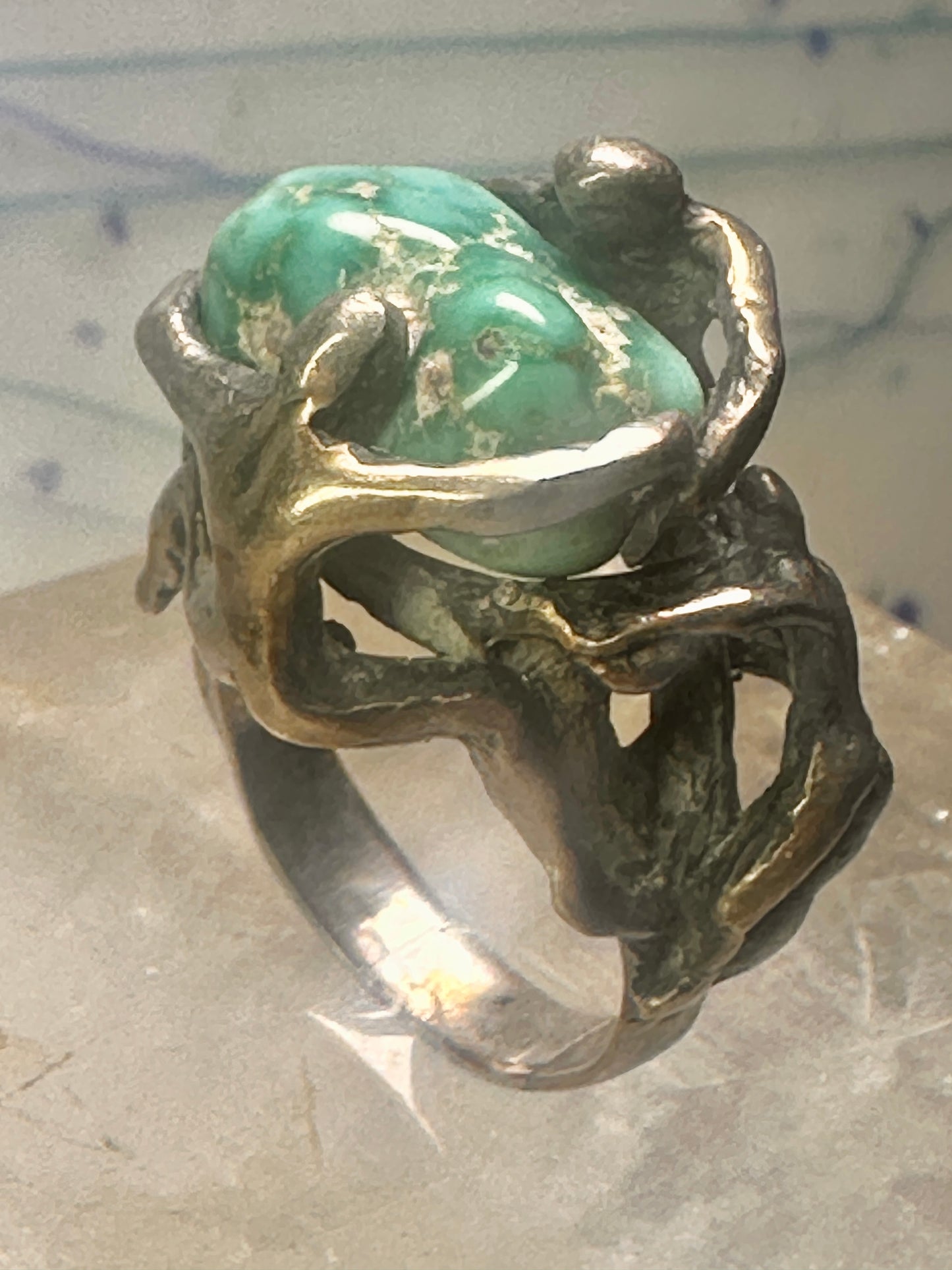 Brutalist ring turquoise figurative size 7 sterling silver women men
