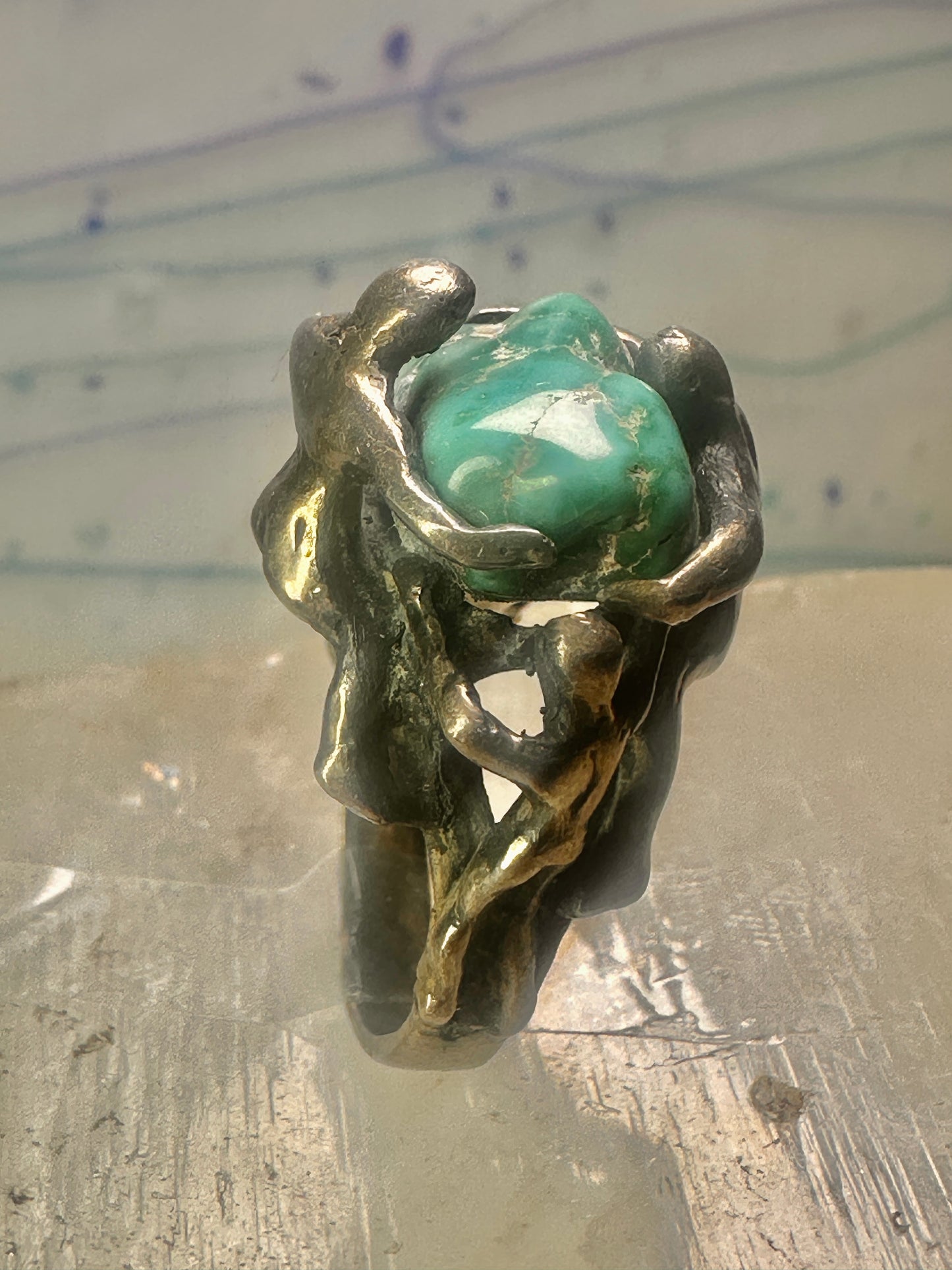 Brutalist ring turquoise figurative size 7 sterling silver women men