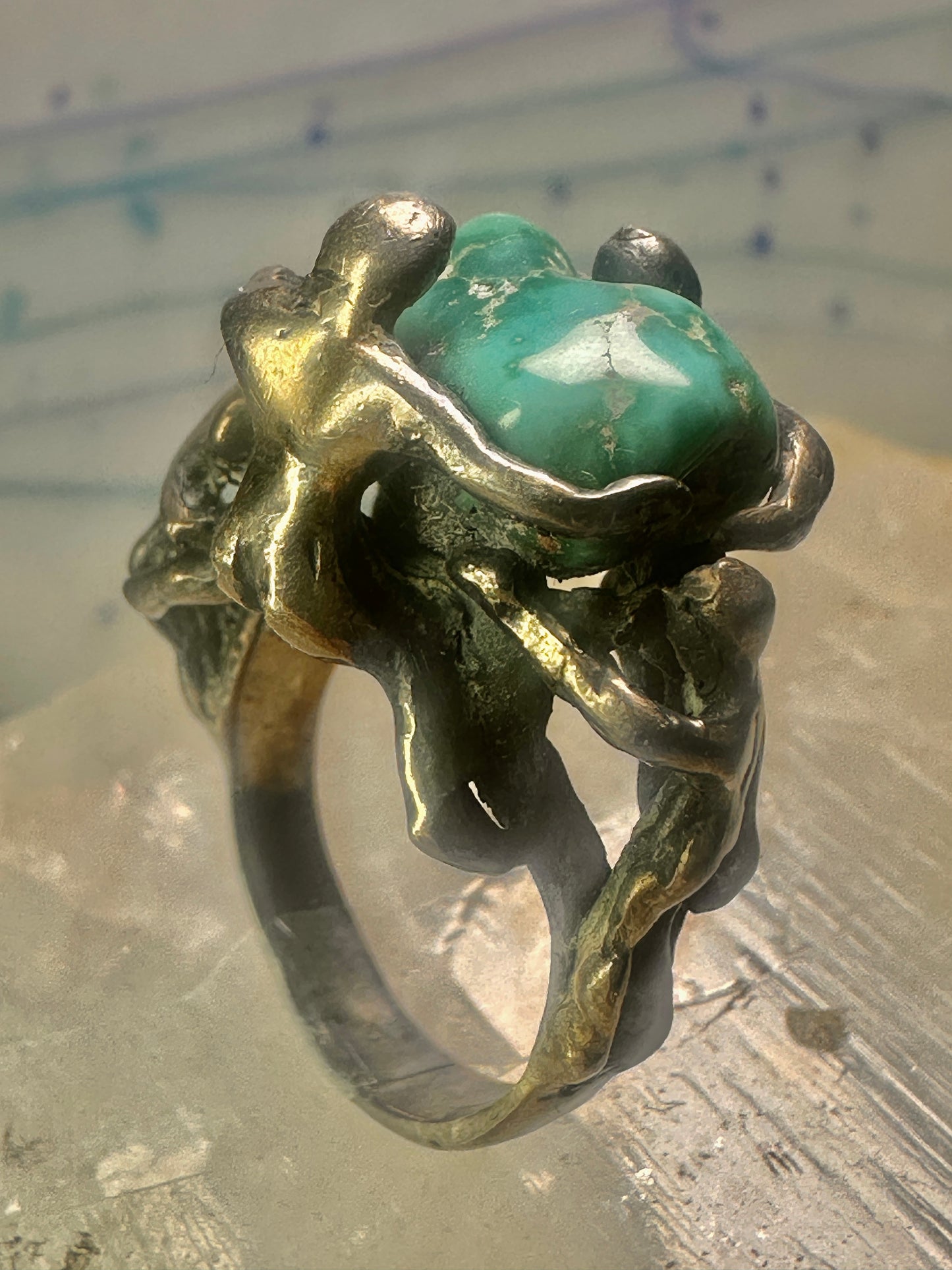 Brutalist ring turquoise figurative size 7 sterling silver women men