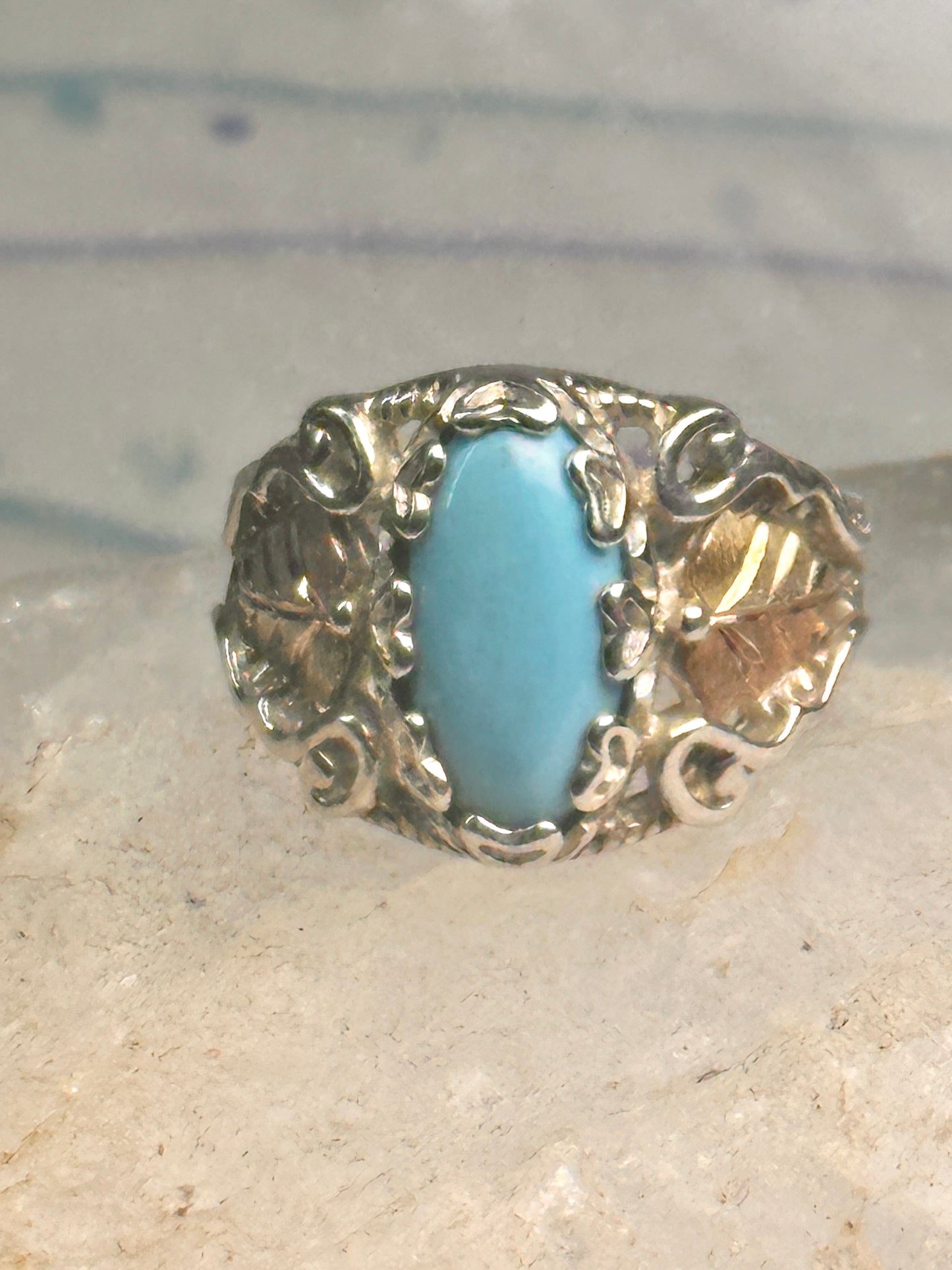 Black Hills Gold Ring turquoise floral leaves size 7 sterling silver women