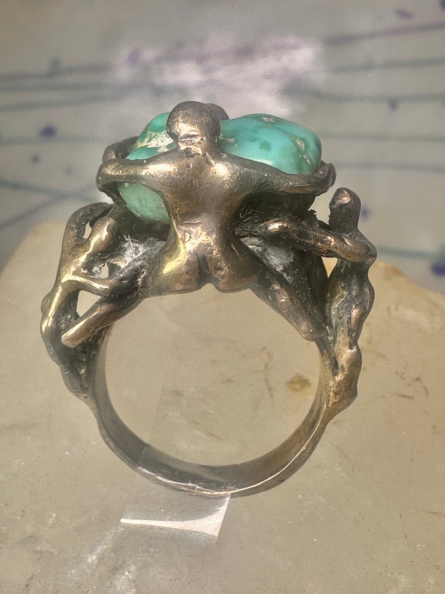 Brutalist ring turquoise figurative size 7 sterling silver women men