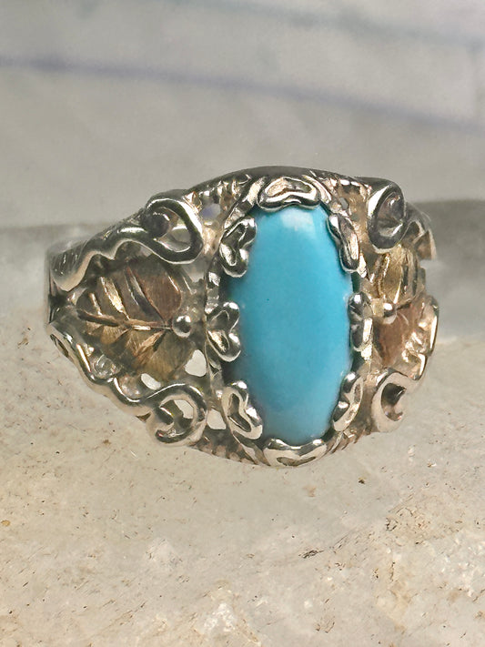 Black Hills Gold Ring turquoise floral leaves size 7 sterling silver women