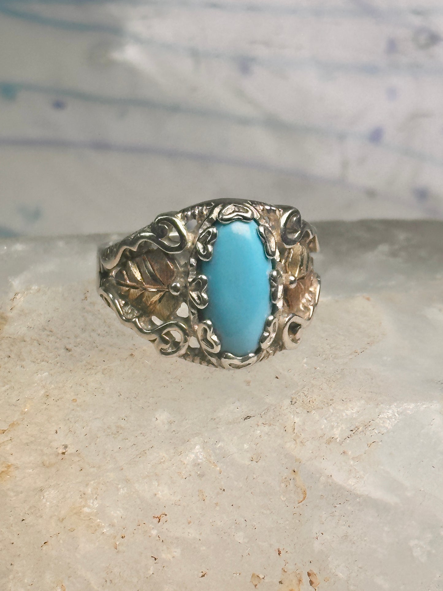 Black Hills Gold Ring turquoise floral leaves size 7 sterling silver women
