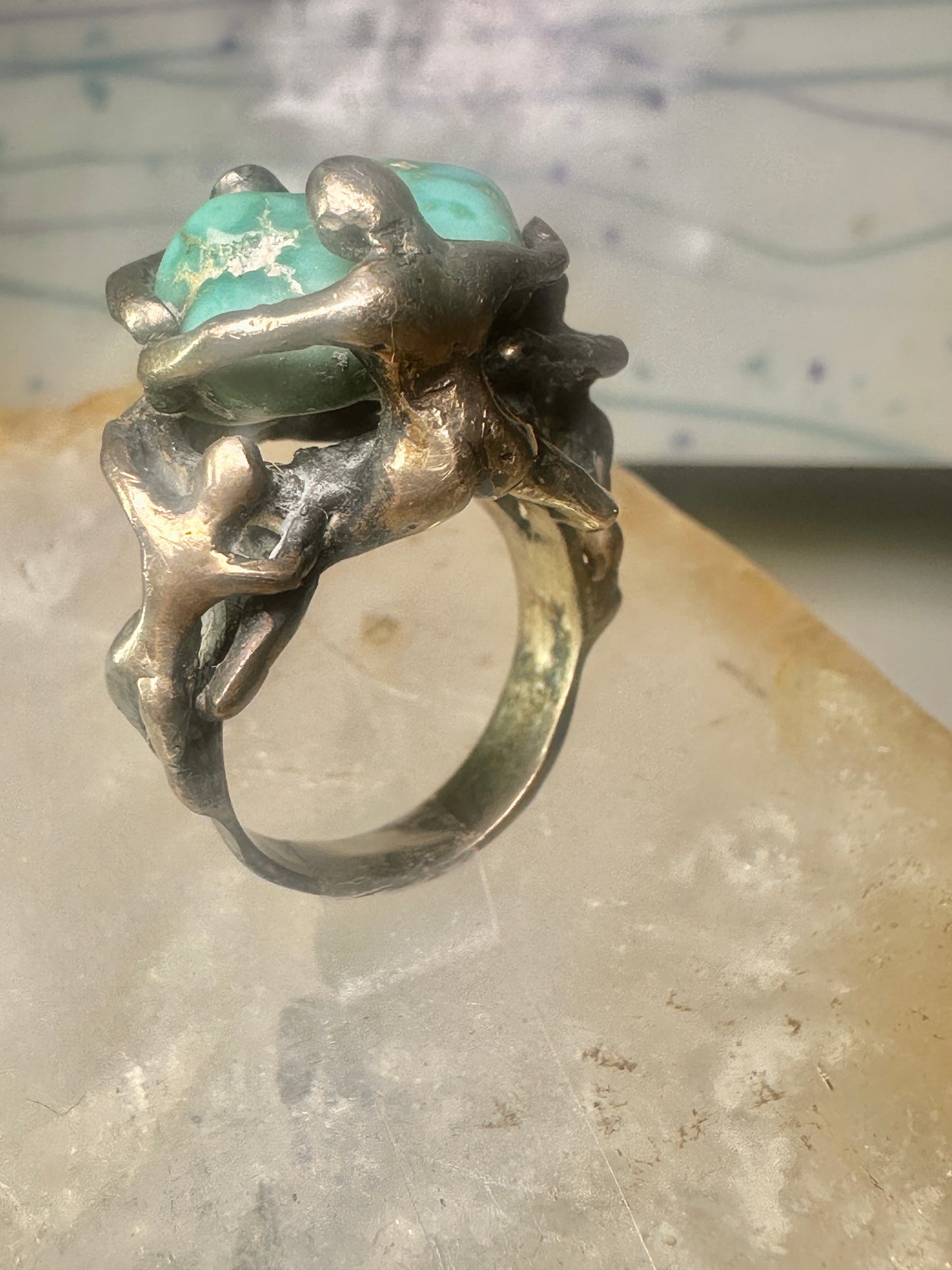 Brutalist ring turquoise figurative size 7 sterling silver women men