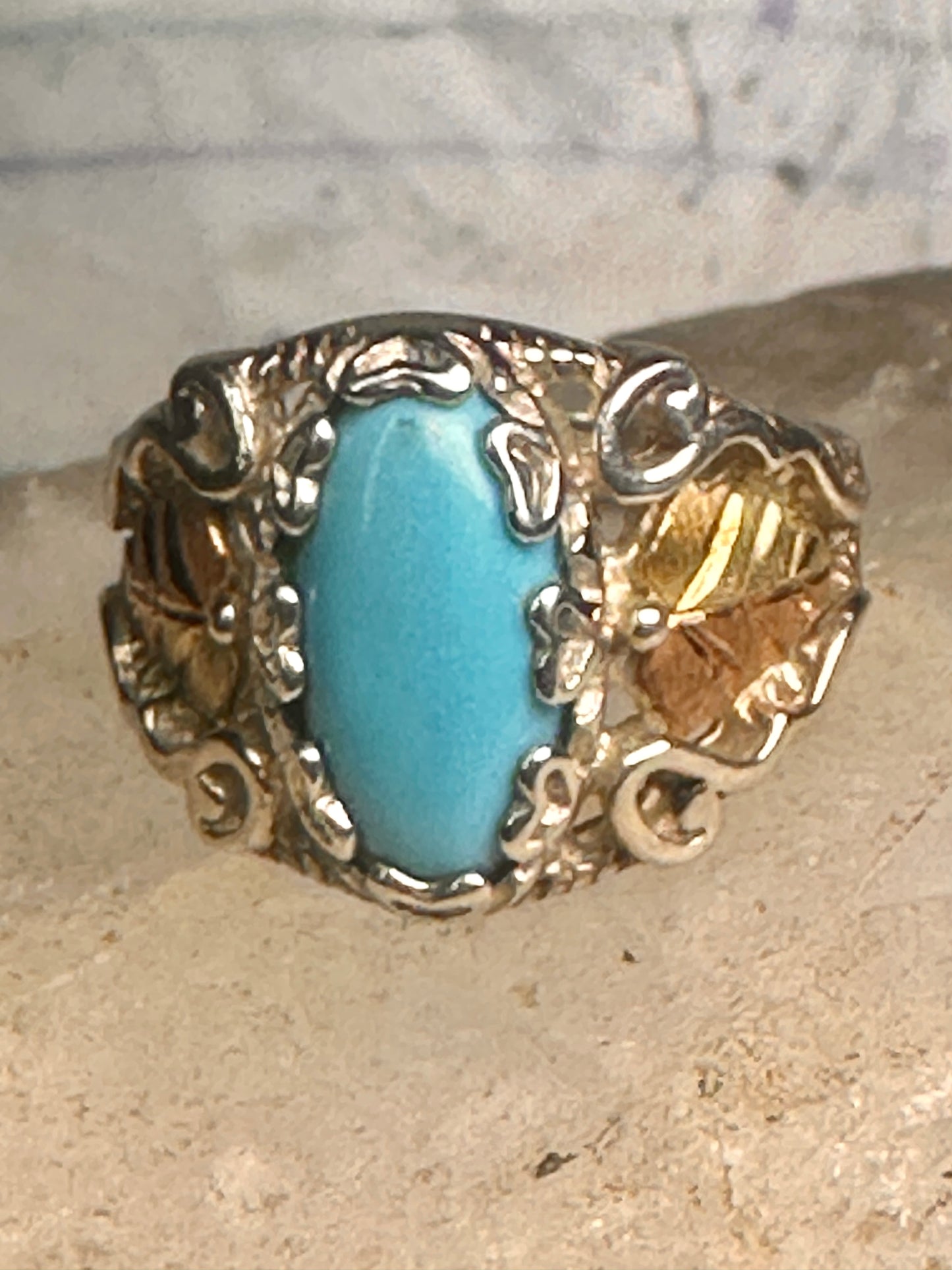 Black Hills Gold Ring turquoise floral leaves size 7 sterling silver women