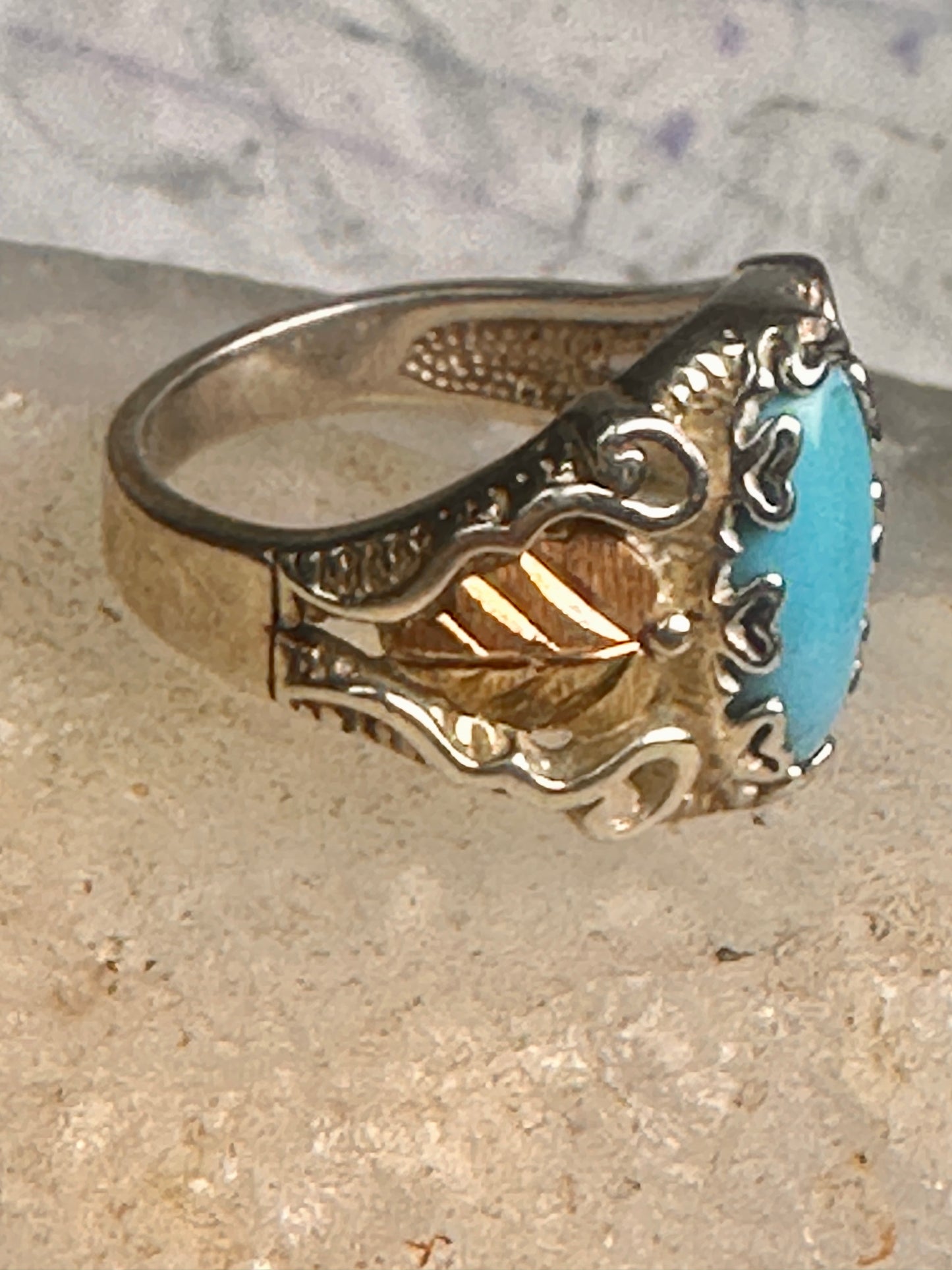 Black Hills Gold Ring turquoise floral leaves size 7 sterling silver women