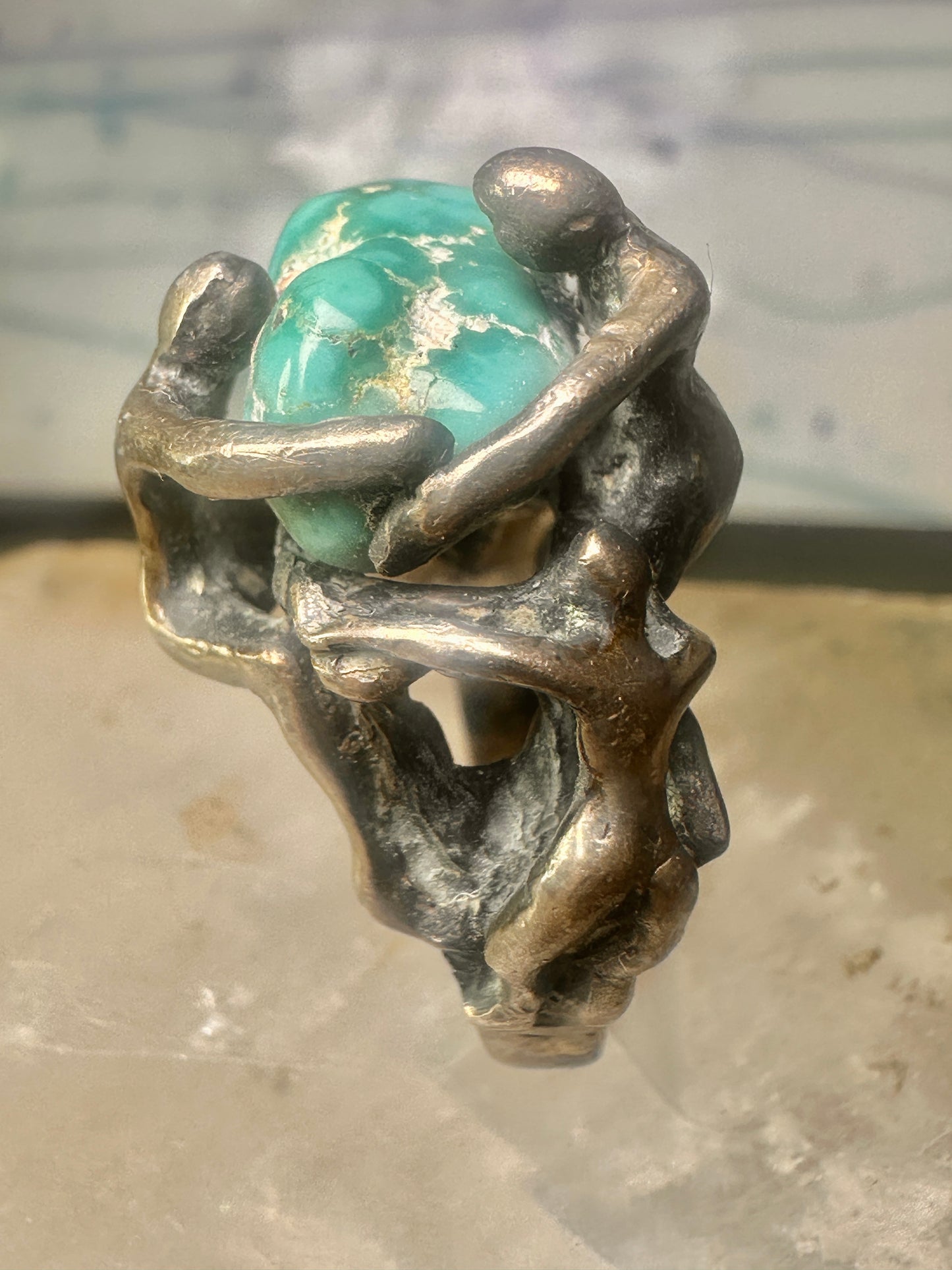 Brutalist ring turquoise figurative size 7 sterling silver women men