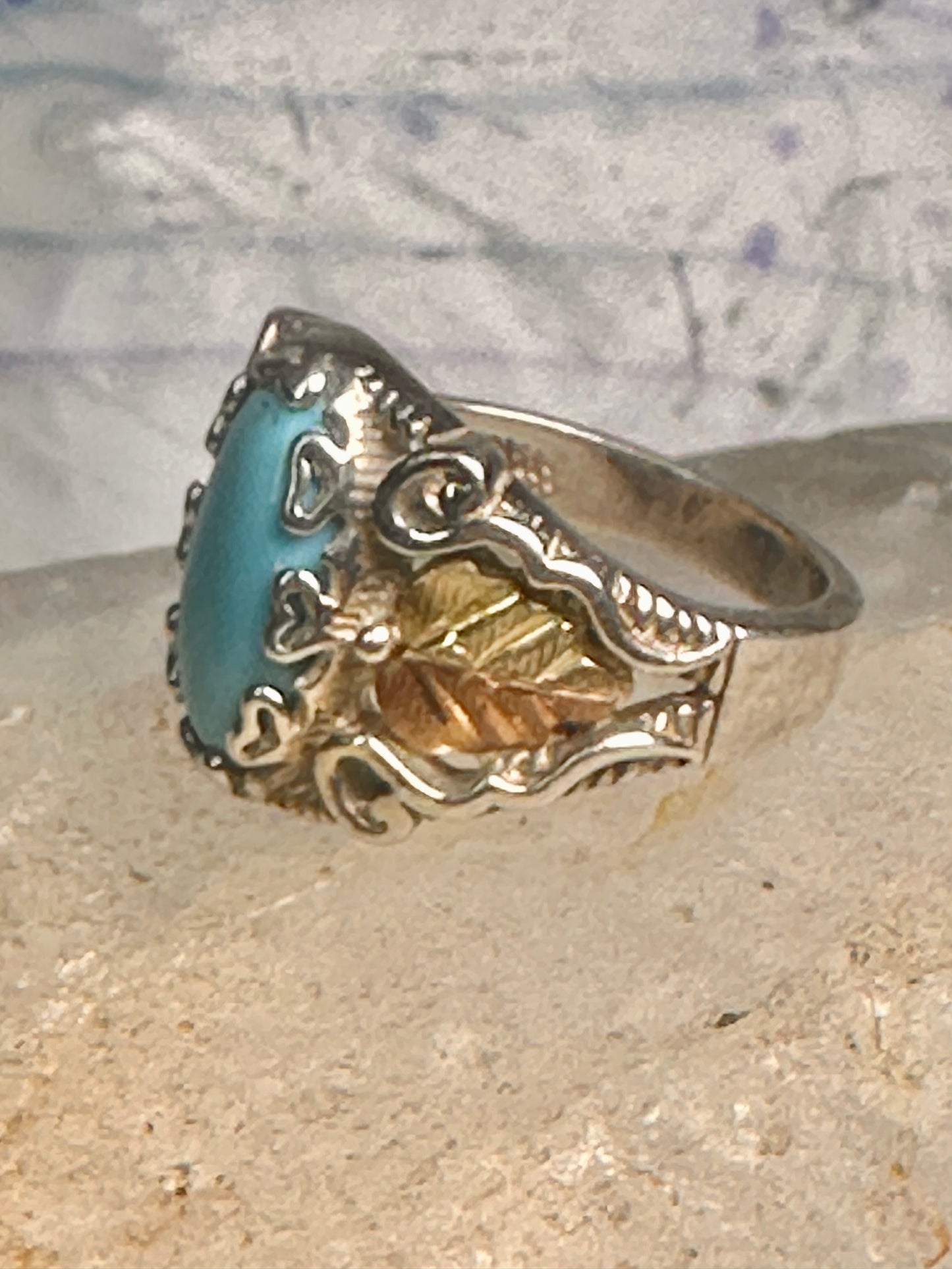 Black Hills Gold Ring turquoise floral leaves size 7 sterling silver women