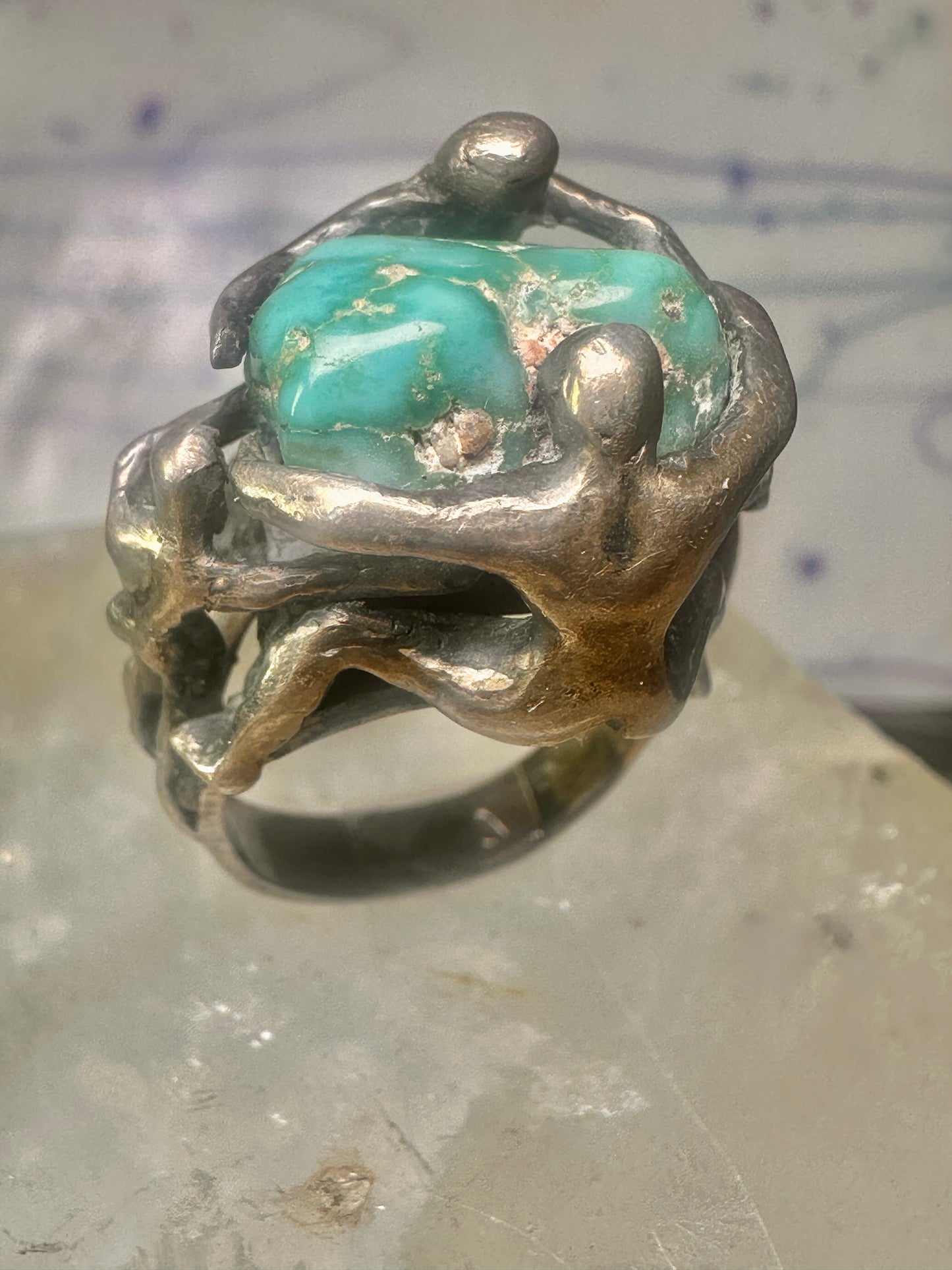 Brutalist ring turquoise figurative size 7 sterling silver women men