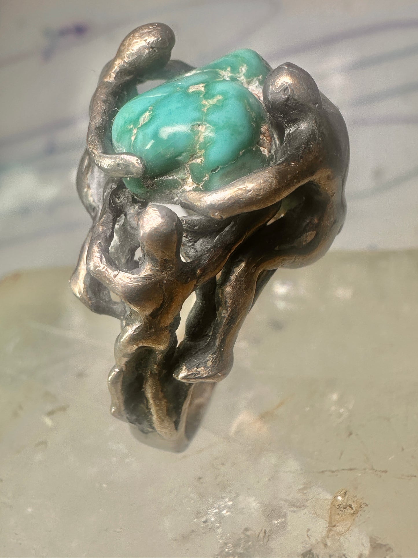 Brutalist ring turquoise figurative size 7 sterling silver women men