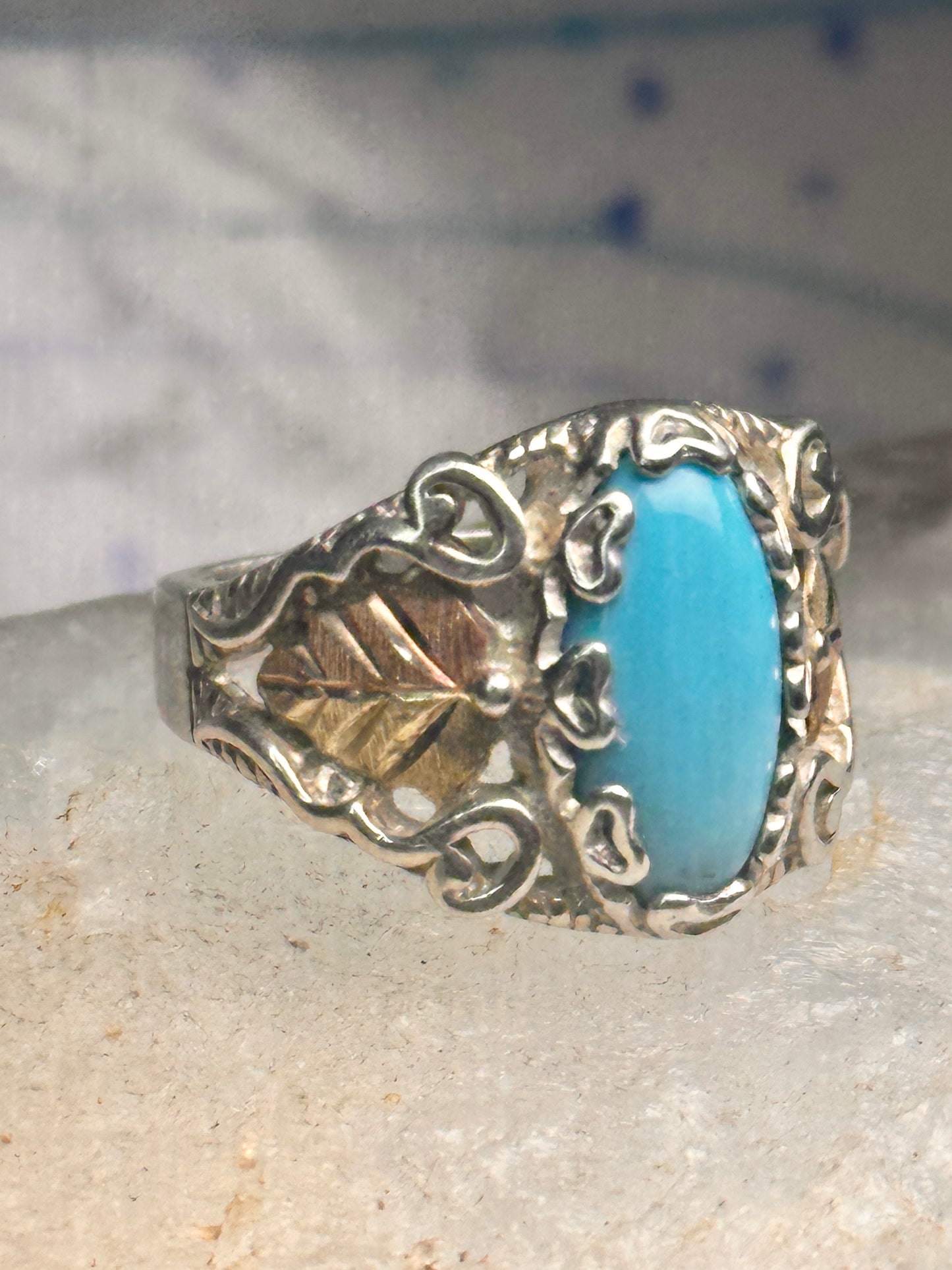 Black Hills Gold Ring turquoise floral leaves size 7 sterling silver women