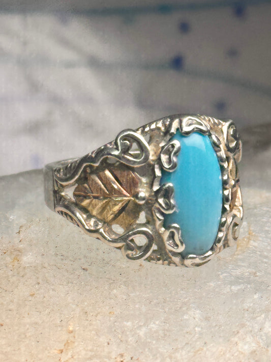 Black Hills Gold Ring turquoise floral leaves size 7 sterling silver women