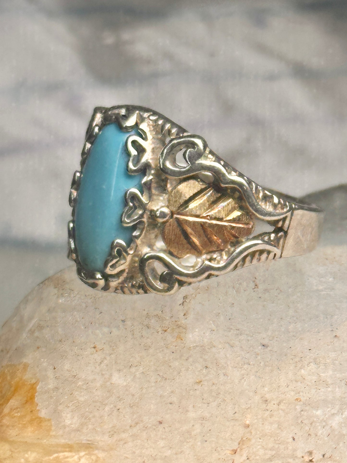 Black Hills Gold Ring turquoise floral leaves size 7 sterling silver women