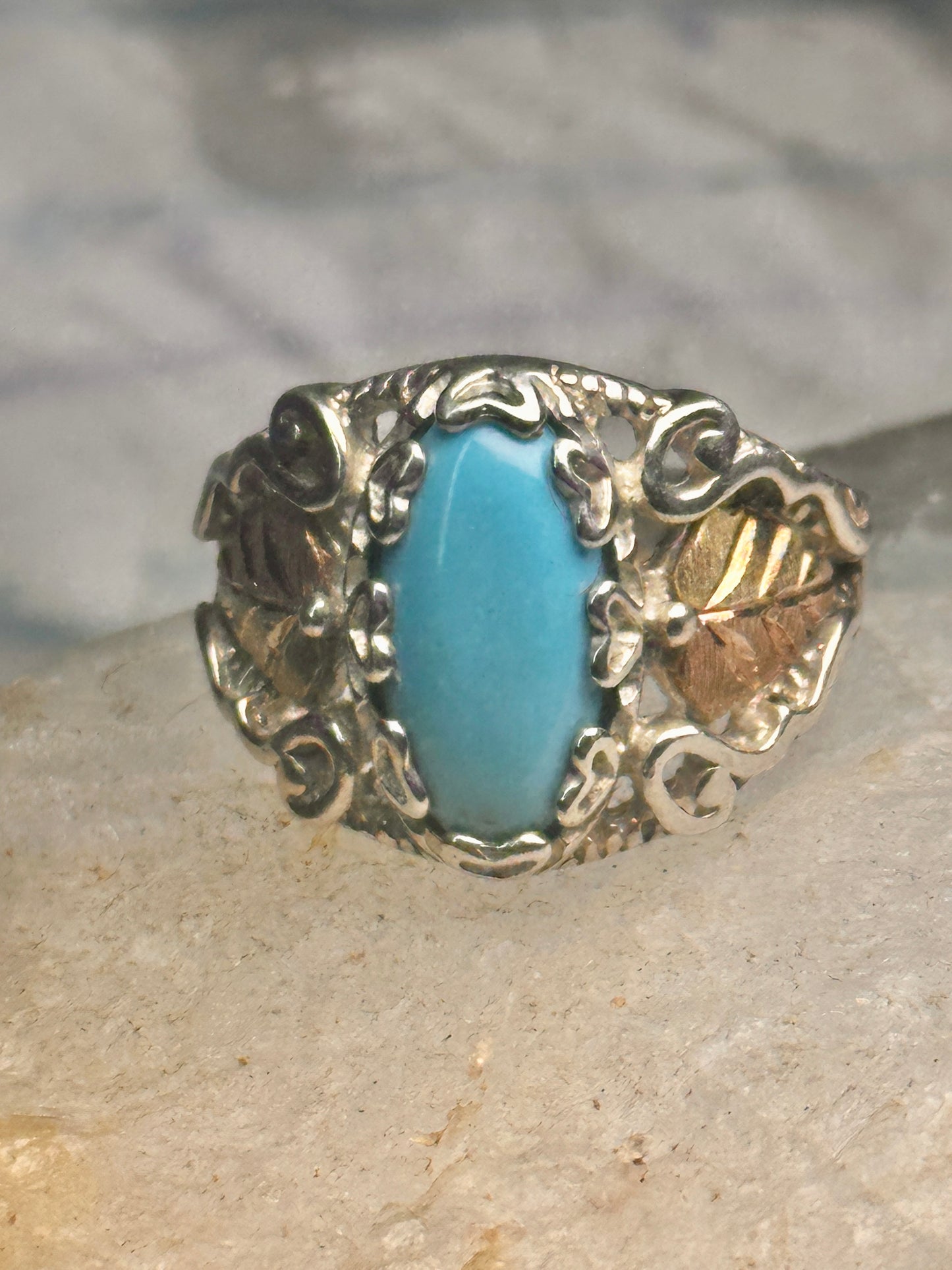 Black Hills Gold Ring turquoise floral leaves size 7 sterling silver women