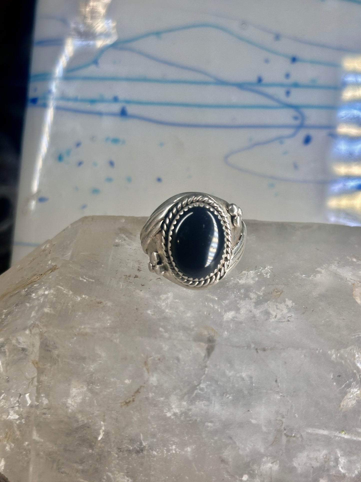 Onyx ring Navajo signed size 10 sterling silver women men