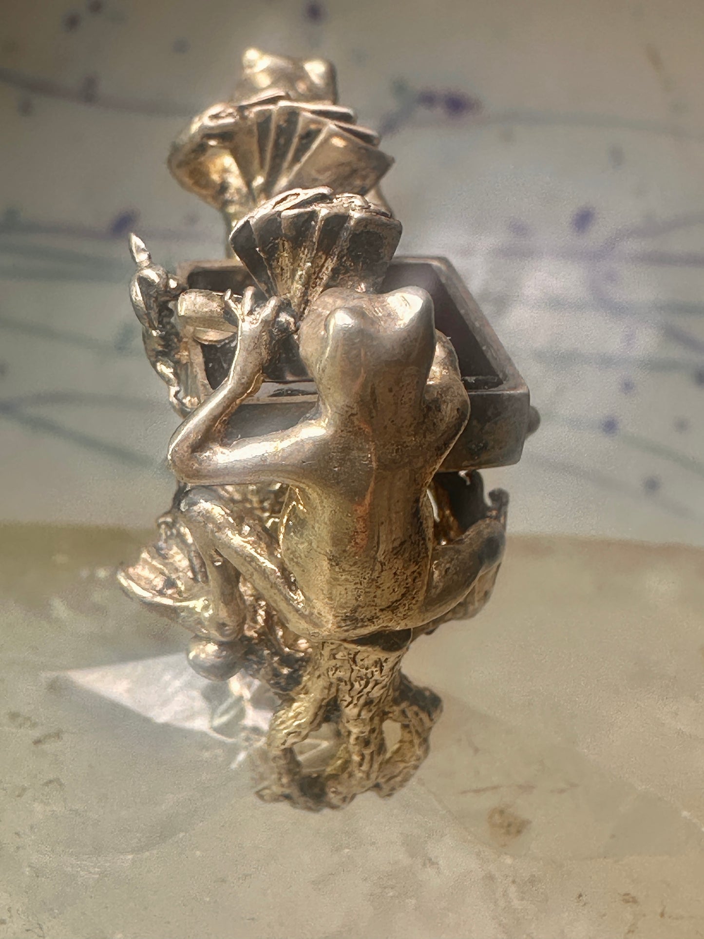 Frog ring Frogs Gambling Poker cards turtle tree mouse size 6.75 sterling silver women