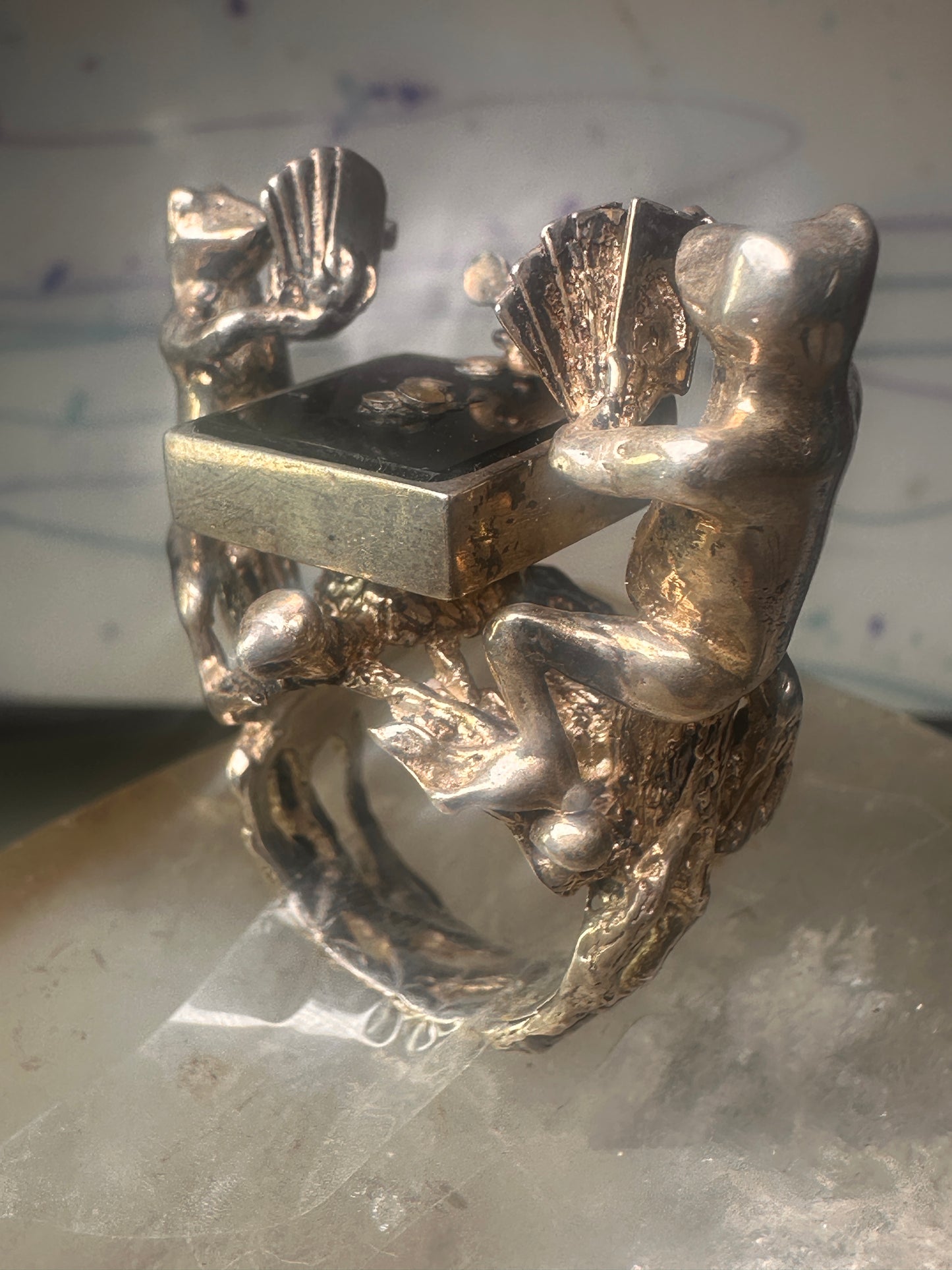 Frog ring Frogs Gambling Poker cards turtle tree mouse size 6.75 sterling silver women