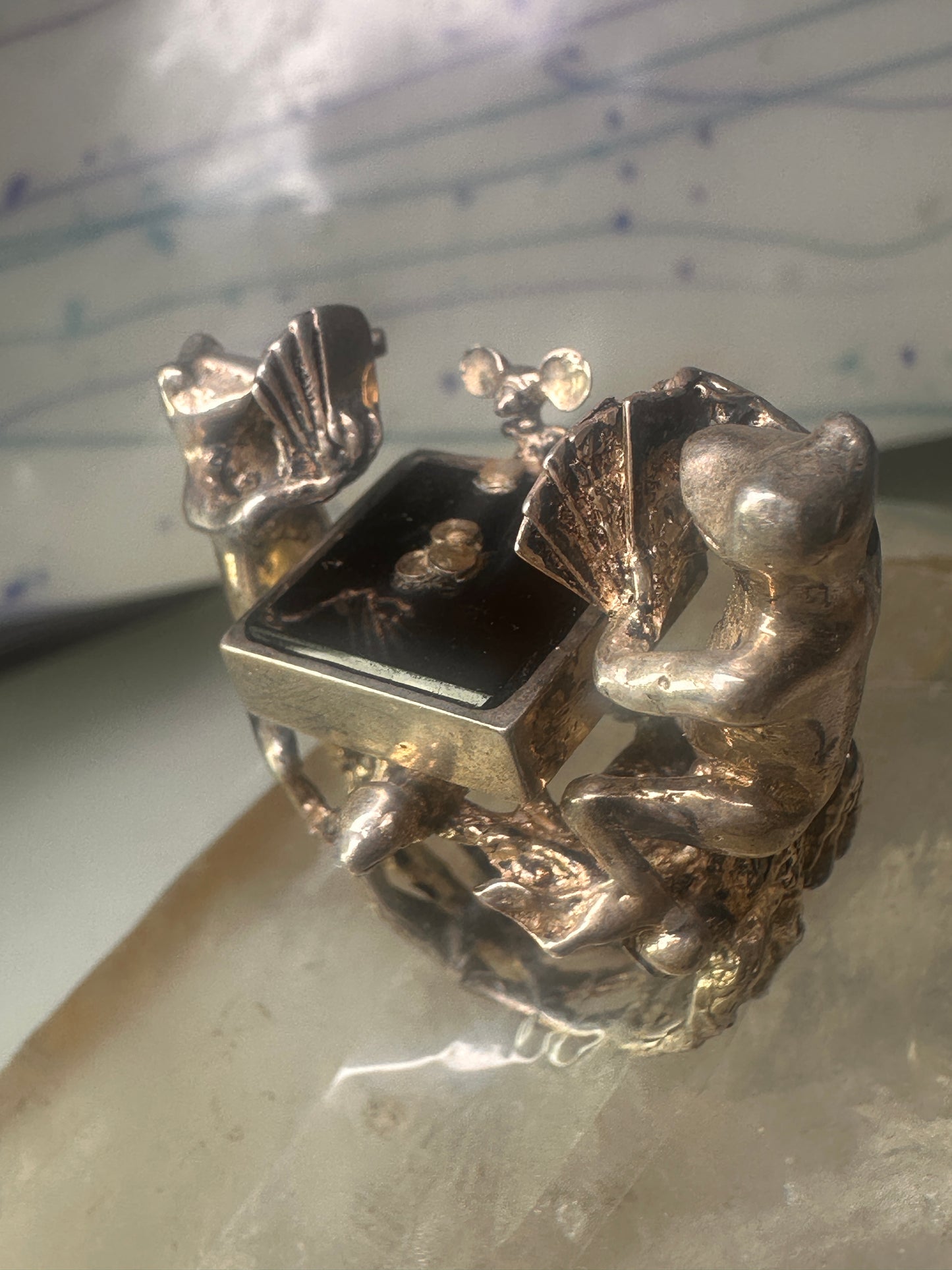 Frog ring Frogs Gambling Poker cards turtle tree mouse size 6.75 sterling silver women